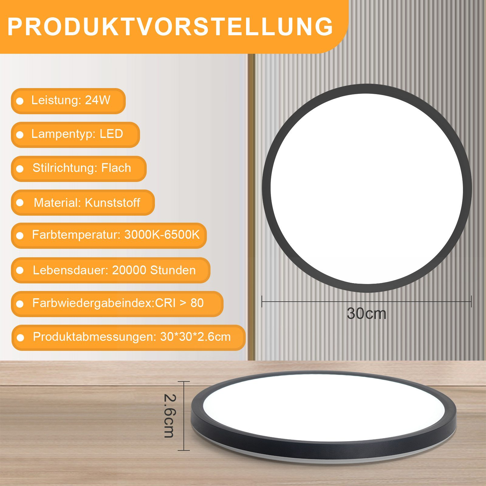 Luce LED circolare bianca e nera. Testo: dettagli prodotto, dimensioni e misure.