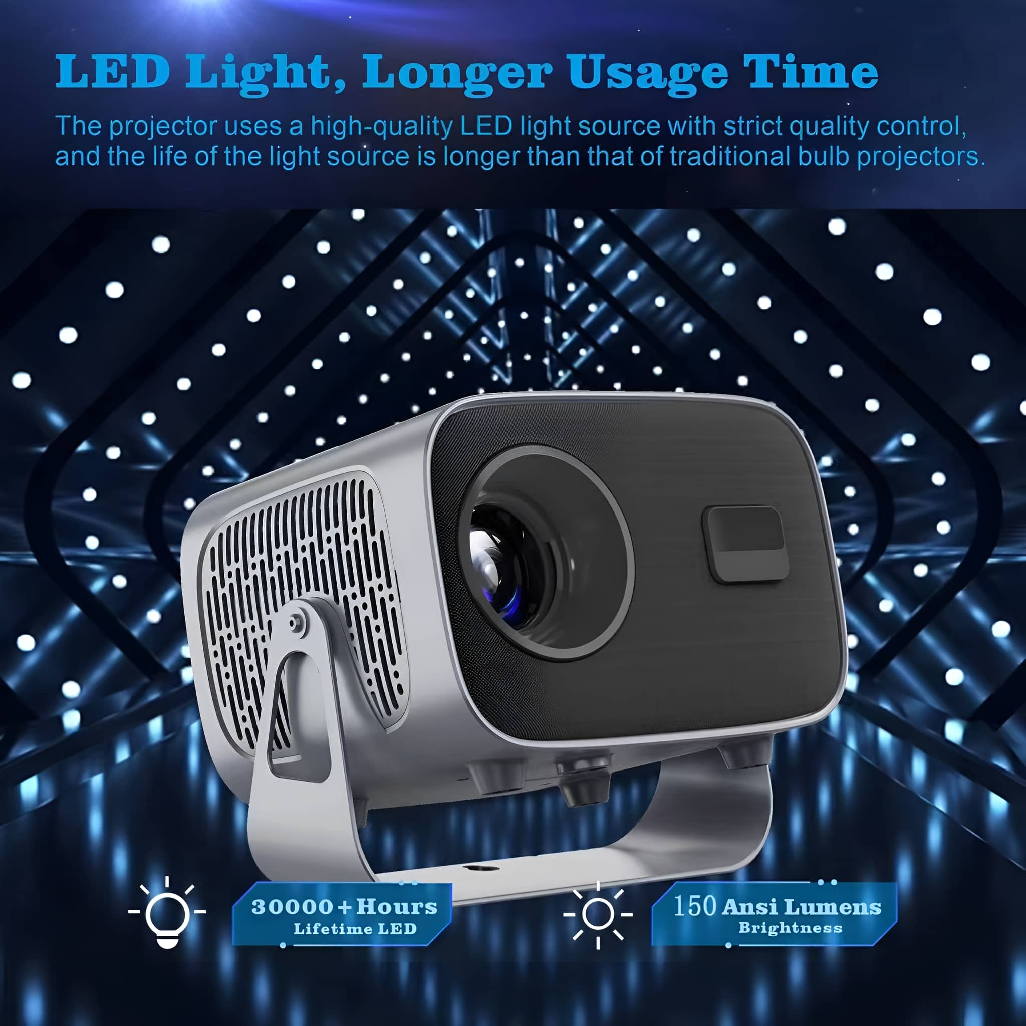 Silberner Projektor mit schwarzer Front. Text: LED-Licht, längere Nutzungsdauer. Unten, 30000+ Stunden Lebensdauer LED und 150 Ansi Lumen.