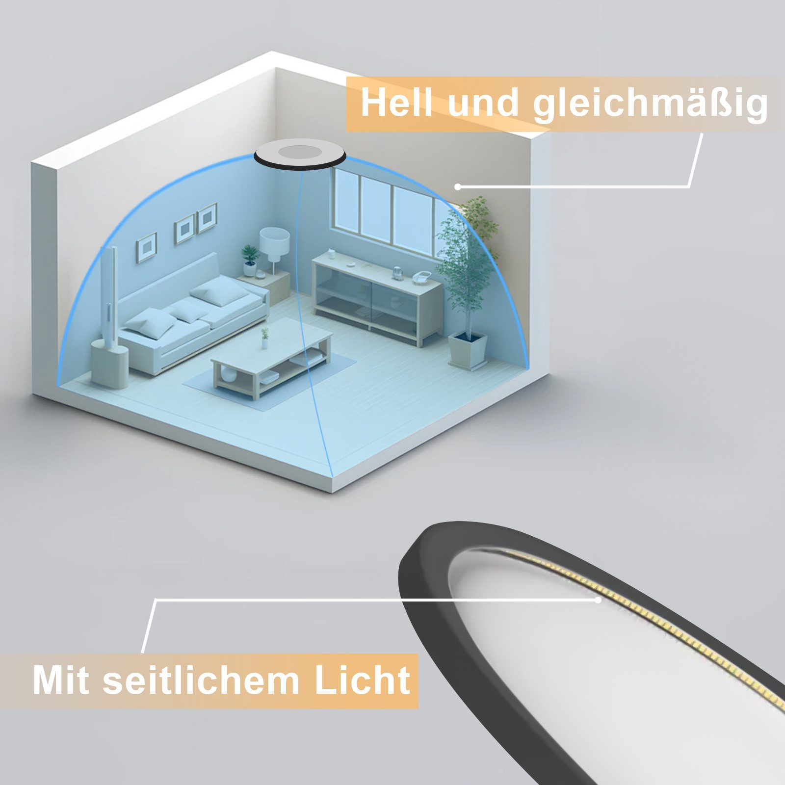 Stanza con una luce a soffitto, un divano e un tavolo. La luce è brillante e distribuita uniformemente.