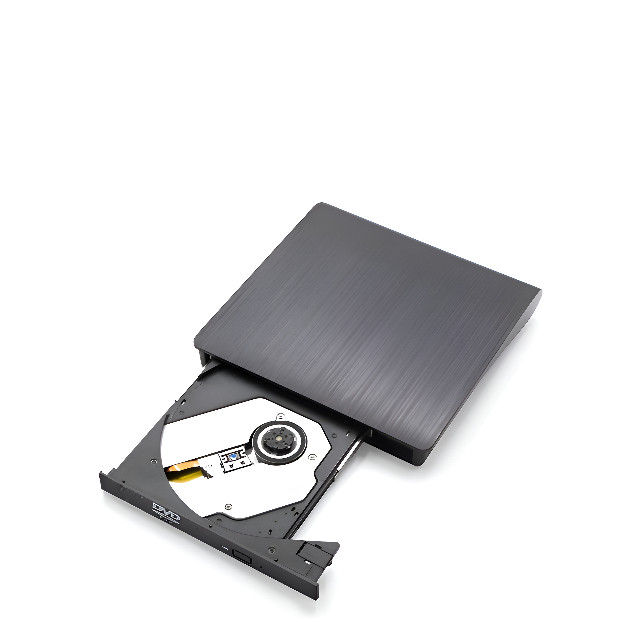 Schwarzes DVD-Laufwerk mit offener silberner Scheibe auf weißem Hintergrund.