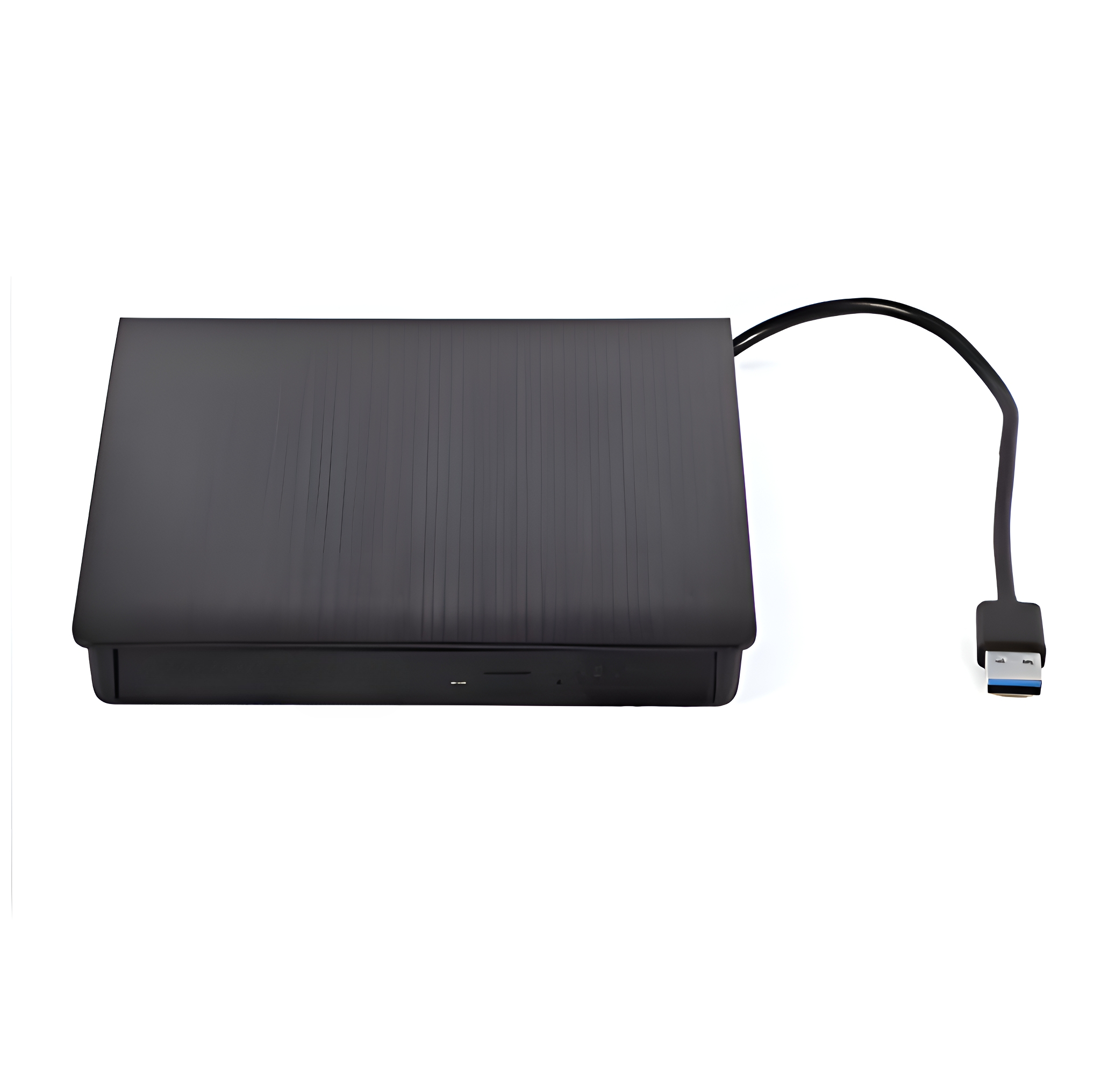 Schwarze externe Festplatte mit USB-Kabel auf weißem Hintergrund. Die Festplatte ist rechteckig.