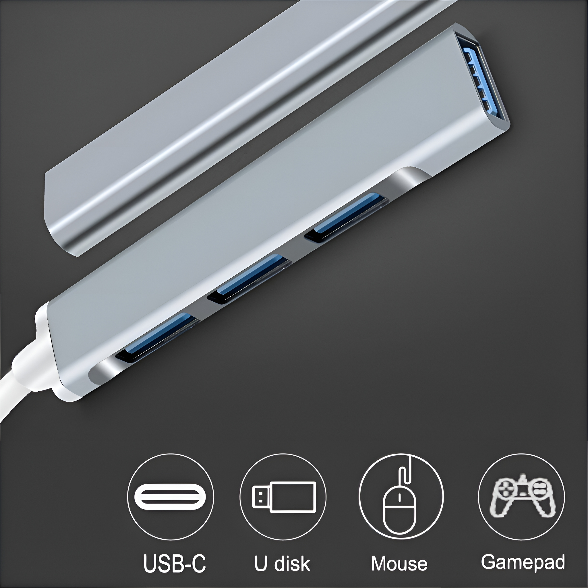 Silberner USB-Hub mit Anschlüssen und Symbolen. Dunkler Hintergrund.