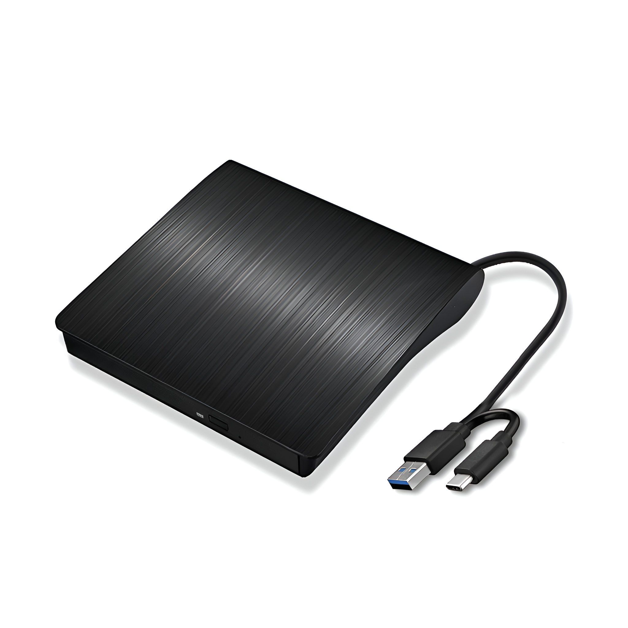 Ein schwarzes externes DVD-Laufwerk mit USB-Kabel auf weißem Hintergrund.