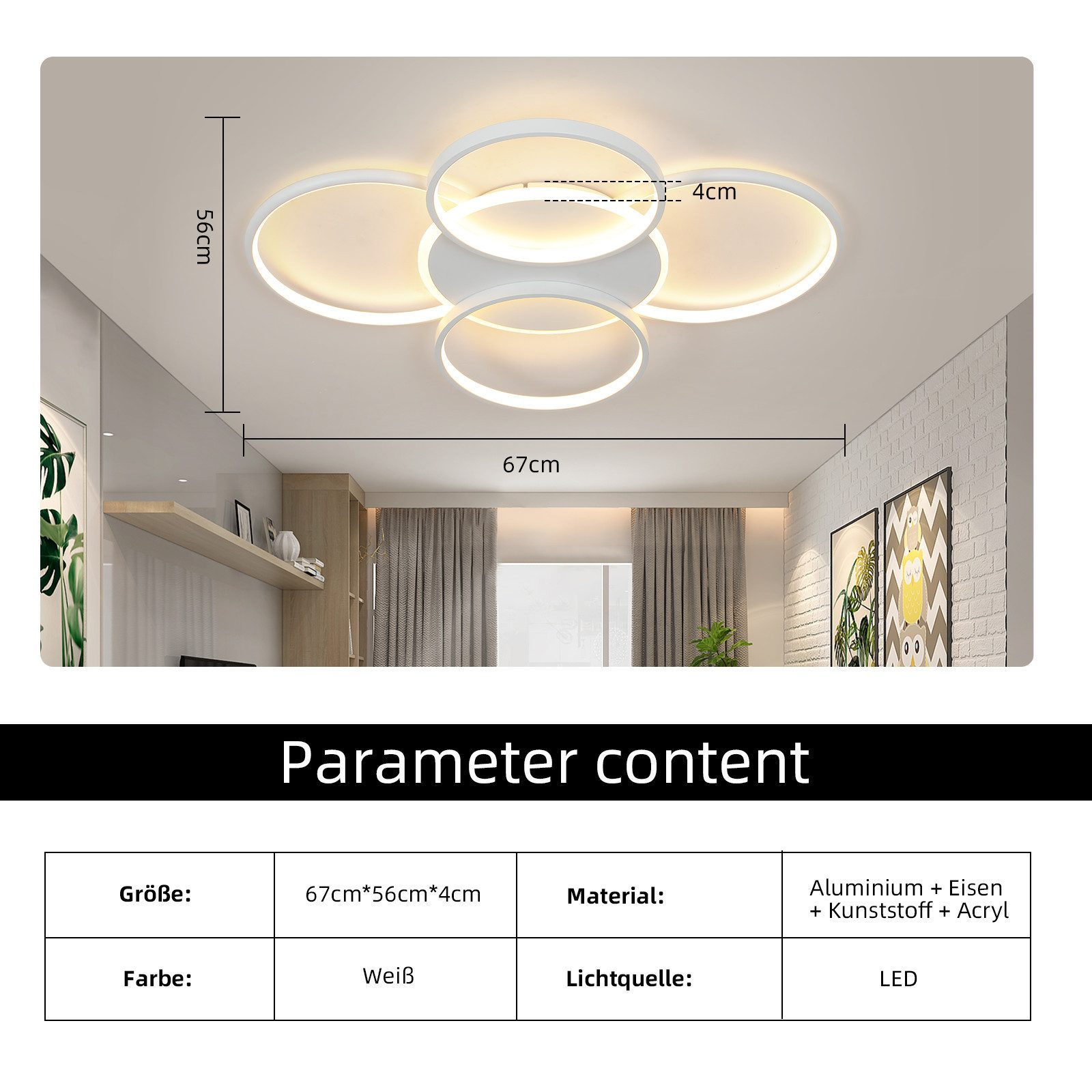 Biała lampa sufitowa z pięcioma okrągłymi światłami, wymiary pokazane. Poniżej wyświetlane są parametry.