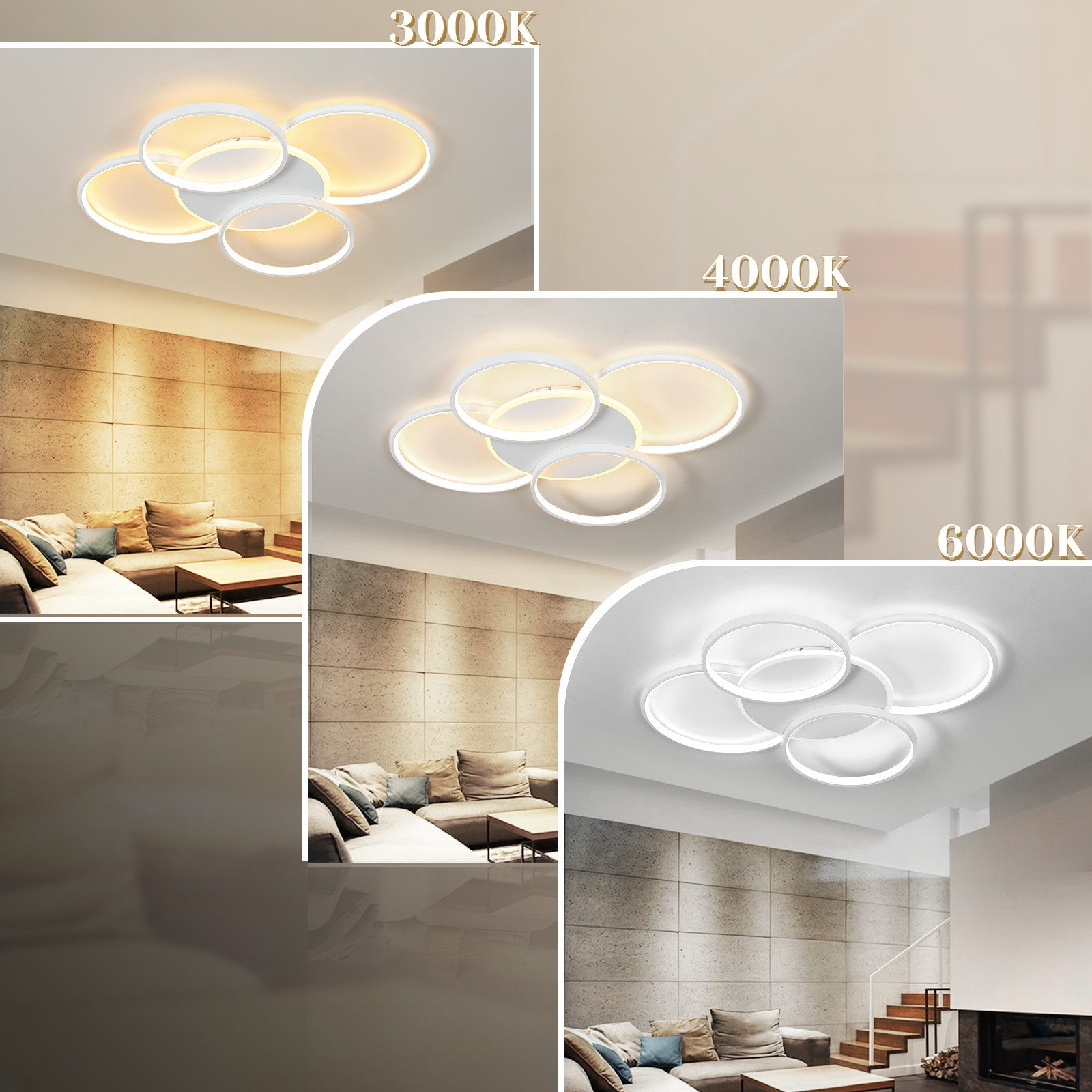 Kolaż lamp sufitowych o różnych temperaturach barwowych: 3000K, 4000K i 6000K.