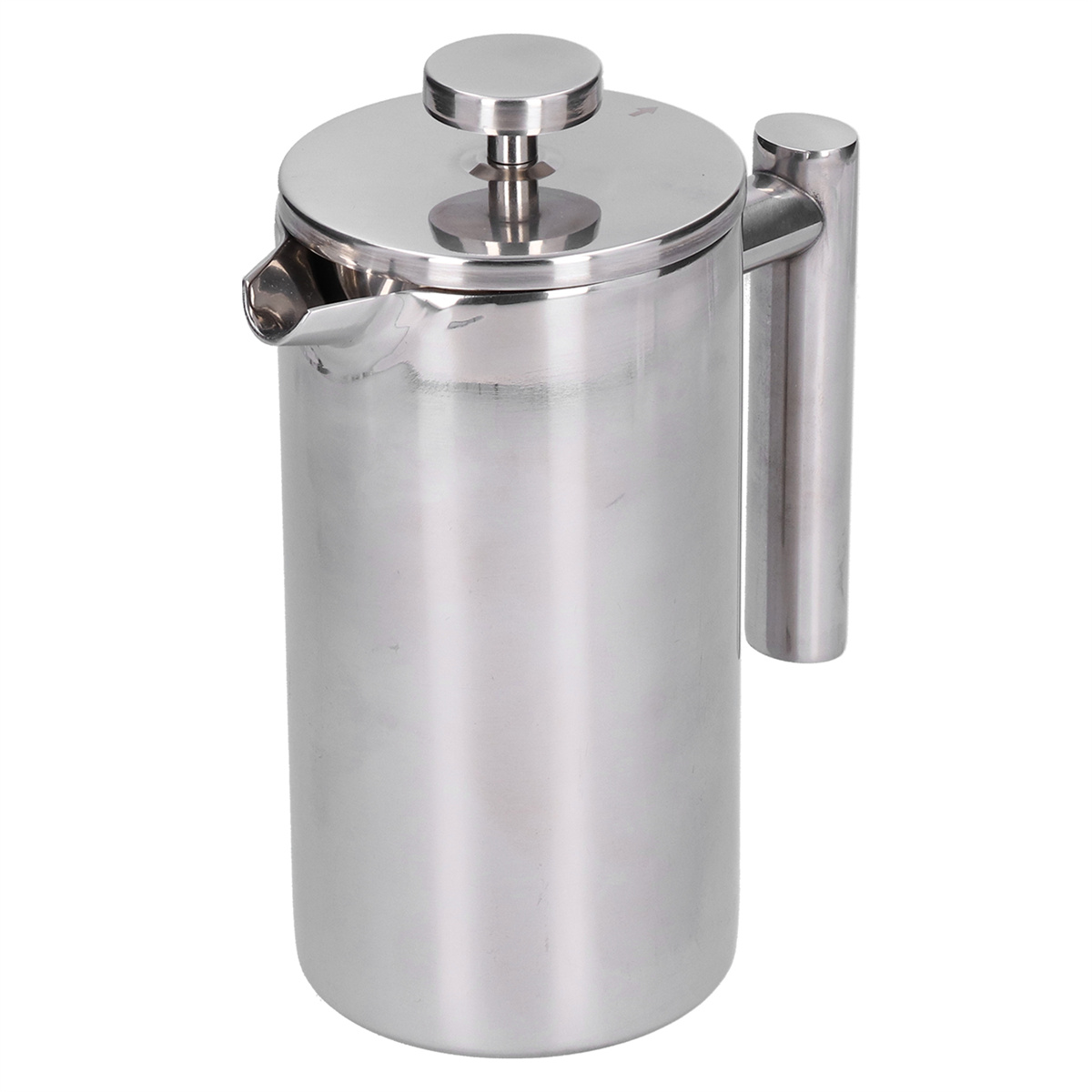 Glänzender French-Press-Kaffeezubereiter aus Edelstahl. Er hat einen Griff und einen Deckel.