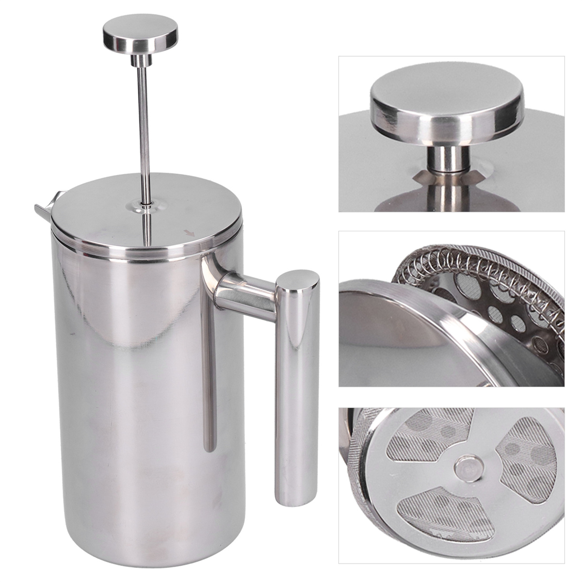 Französische Kaffeepresse aus Edelstahl. Griff, Deckel und Filter sichtbar.