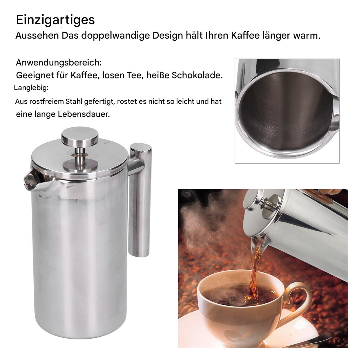 Eine französische Kaffeepresse aus Stahl mit Text und eine Kaffeetasse mit Kaffee.