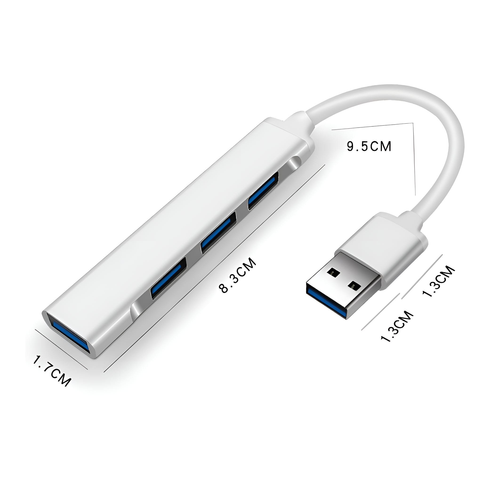 Weißer USB-Hub mit 4 Anschlüssen. Er hat ein weißes Kabel und einen USB-Anschluss. Abmessungen sind gekennzeichnet.