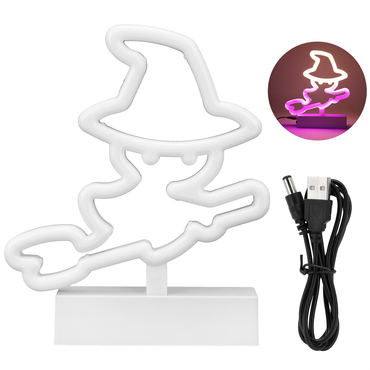 Weißes Neon-Hexenschild. Enthält ein USB-Kabel. Ein kleiner Kreis zeigt das beleuchtete Schild.
