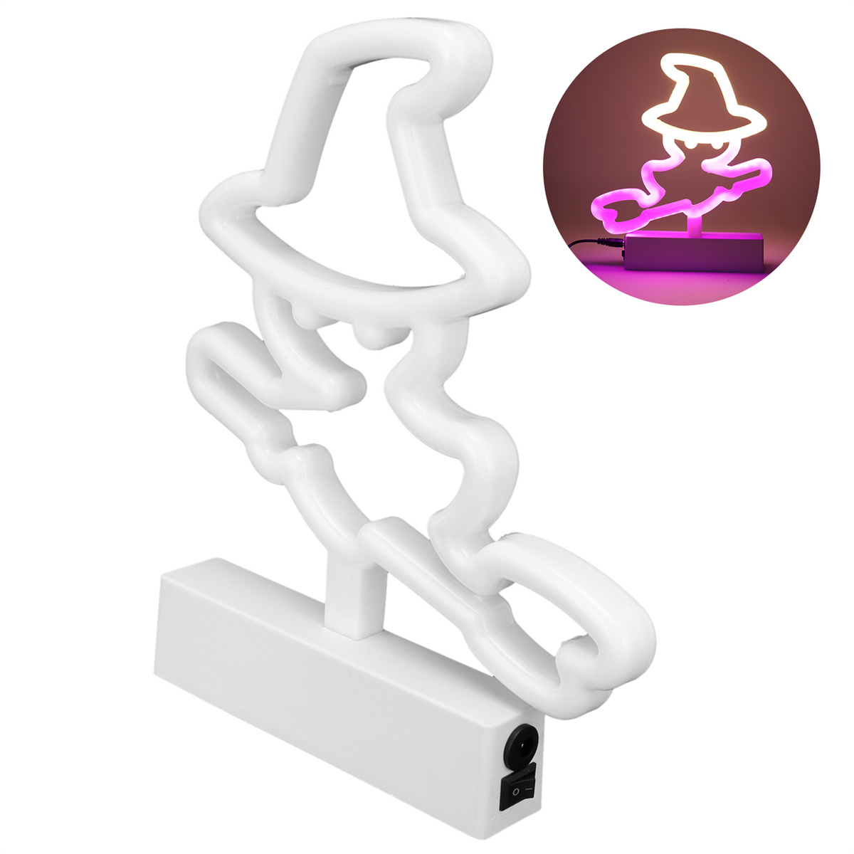 Eine weiße Neon-Hexen-Silhouette mit einem Ein/Aus-Schalter auf weißer Basis.
