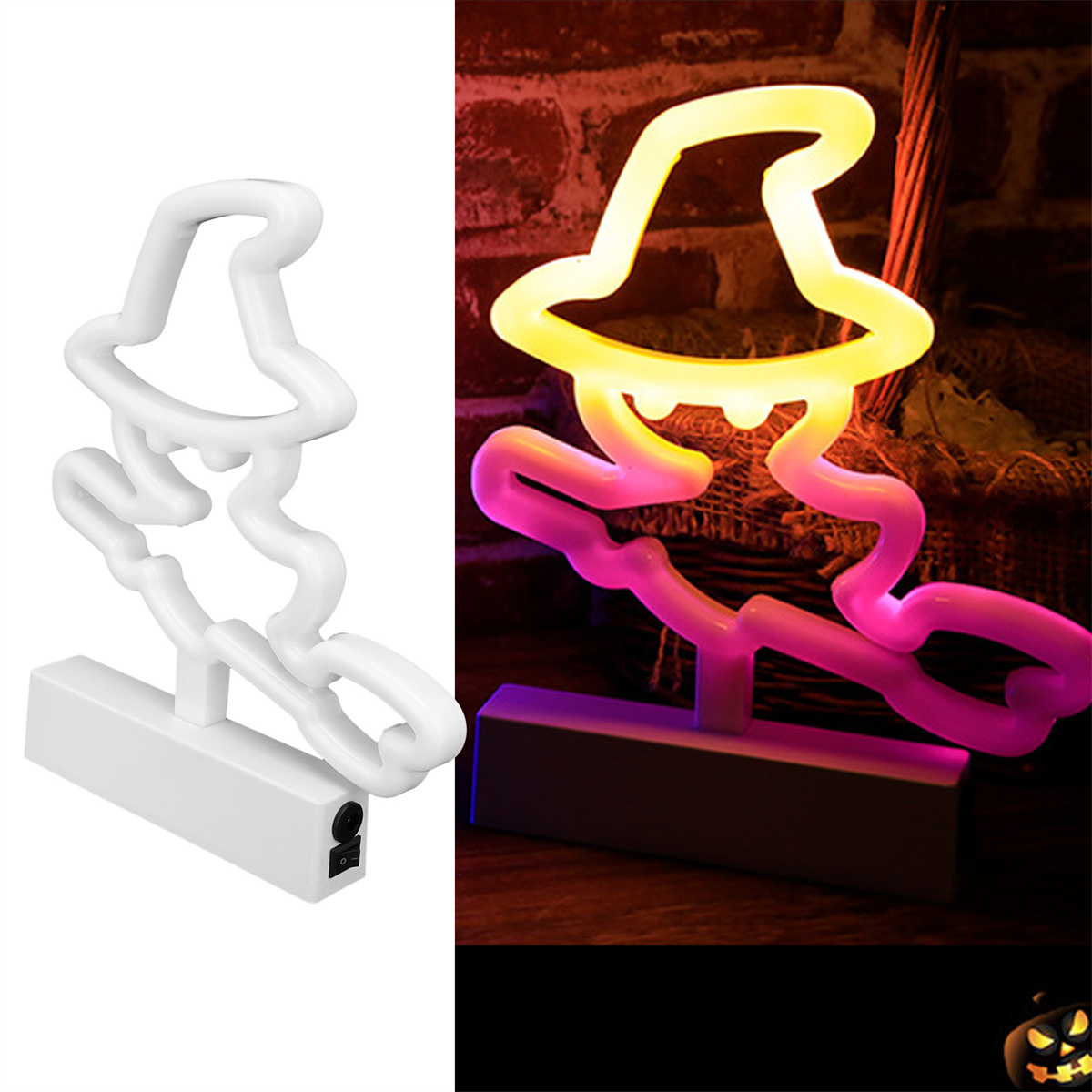 Neon-Hexensilhouette mit Hut und Besen, Halloween-Dekoration. Weißer Rahmen links, beleuchtet rechts.