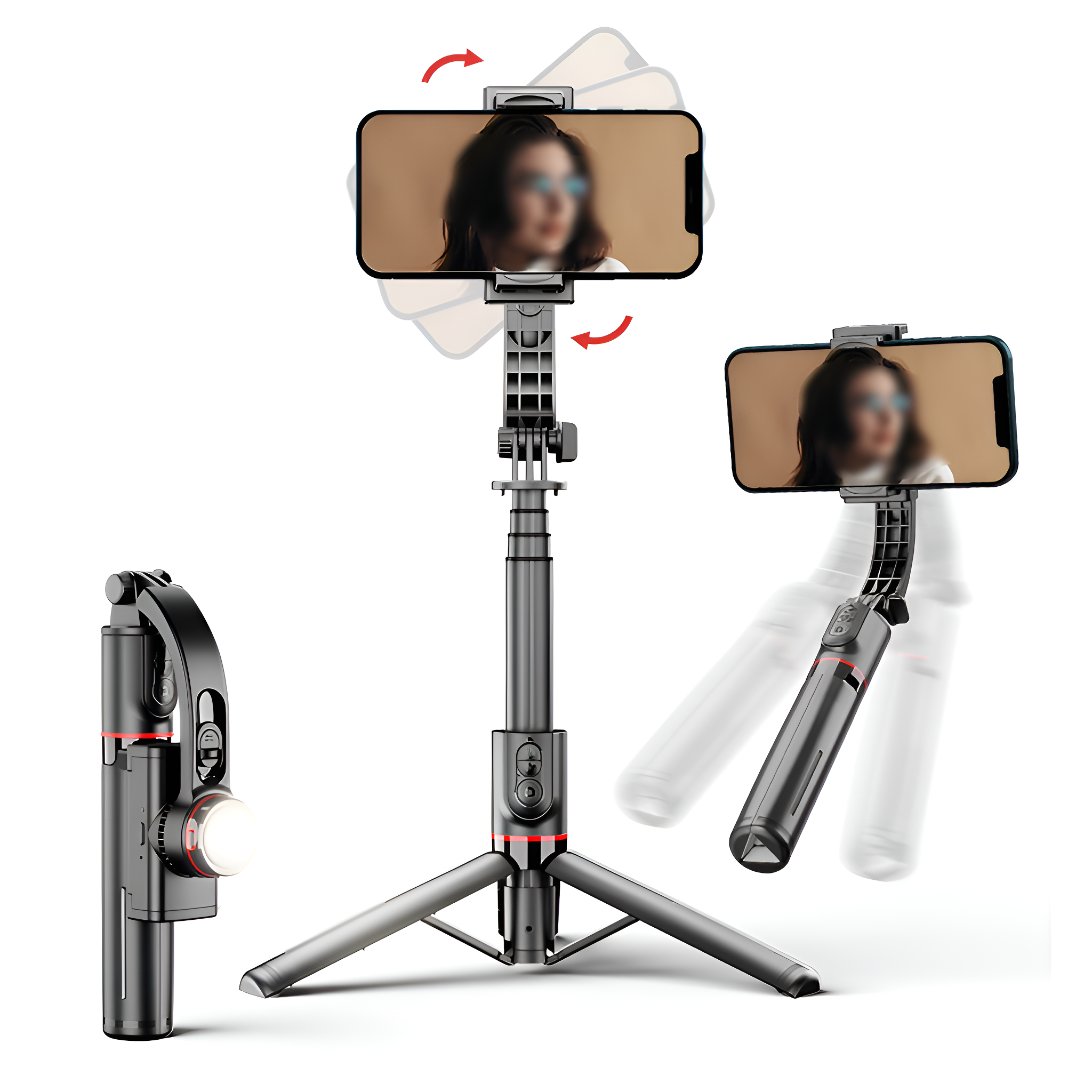 Ein schwarzer Selfie-Stick mit einem Telefon, in verschiedenen Positionen mit Licht gezeigt.
