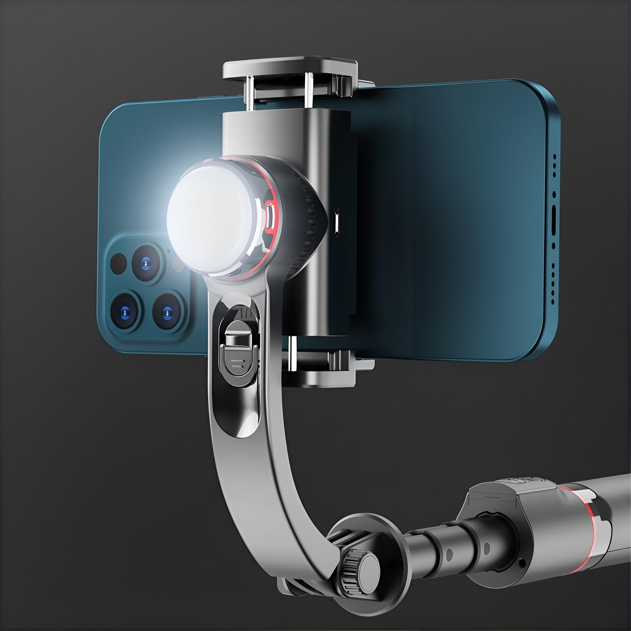 Telefon auf einem Gimbal mit Licht. Das Telefon ist teal und schwarz. Schwarzer Hintergrund.