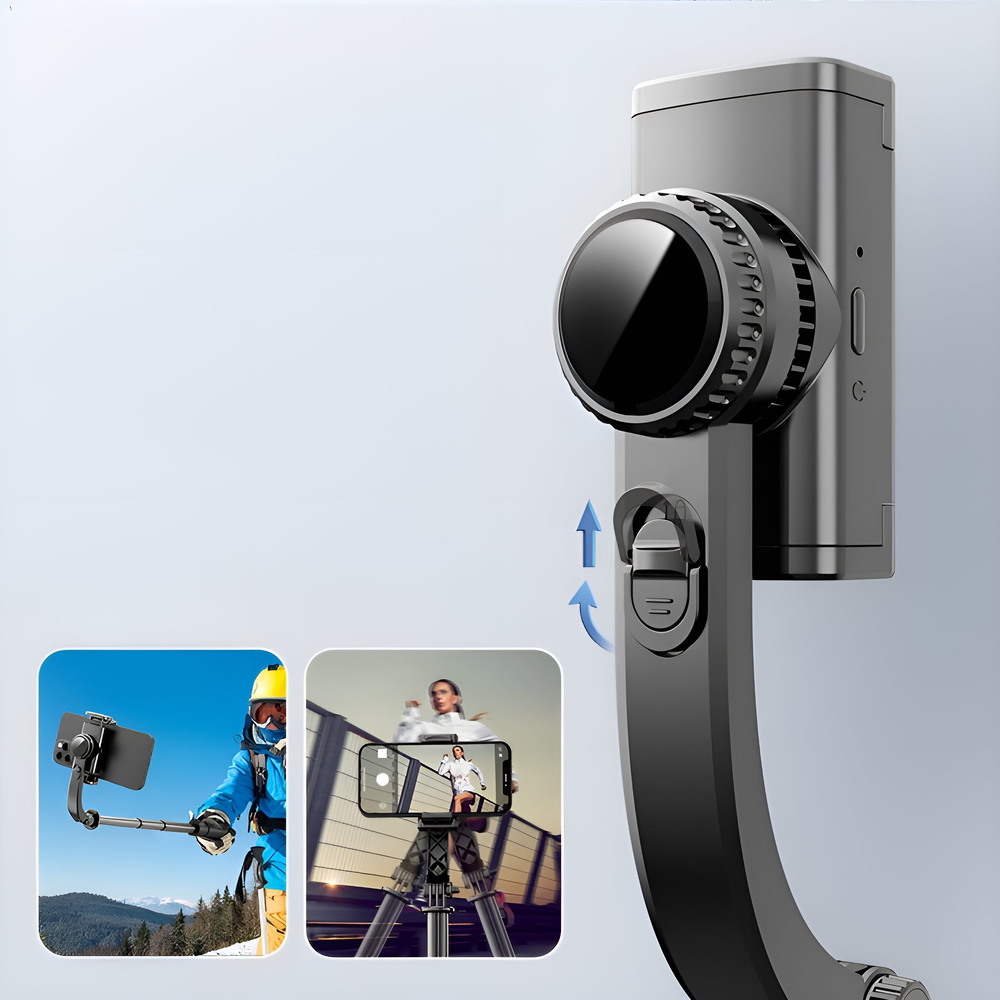 Ein schwarzer Gimbal-Stabilisator mit zwei eingebetteten Bildern von Benutzern.