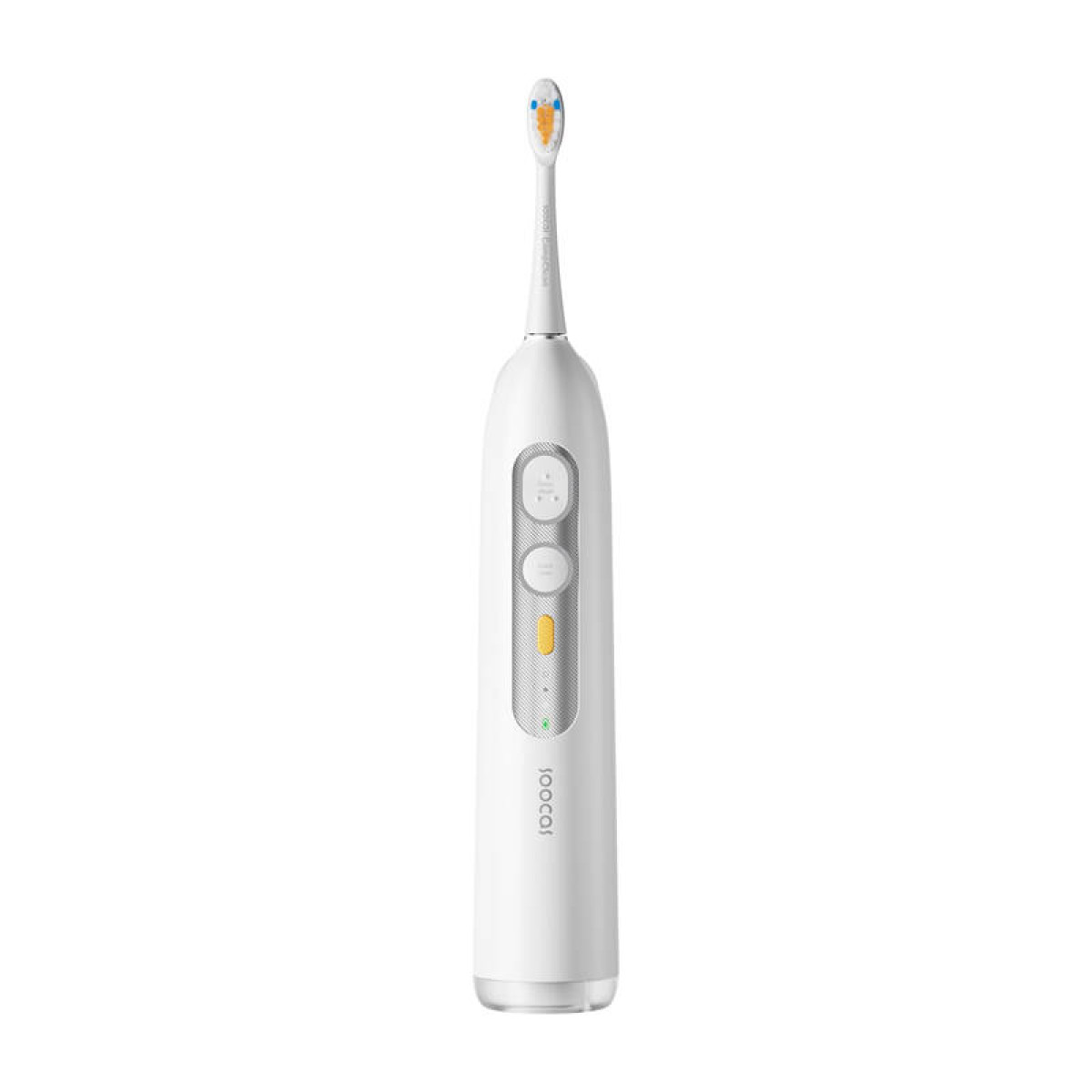 Spazzolino elettrico bianco con testina, sfondo bianco.