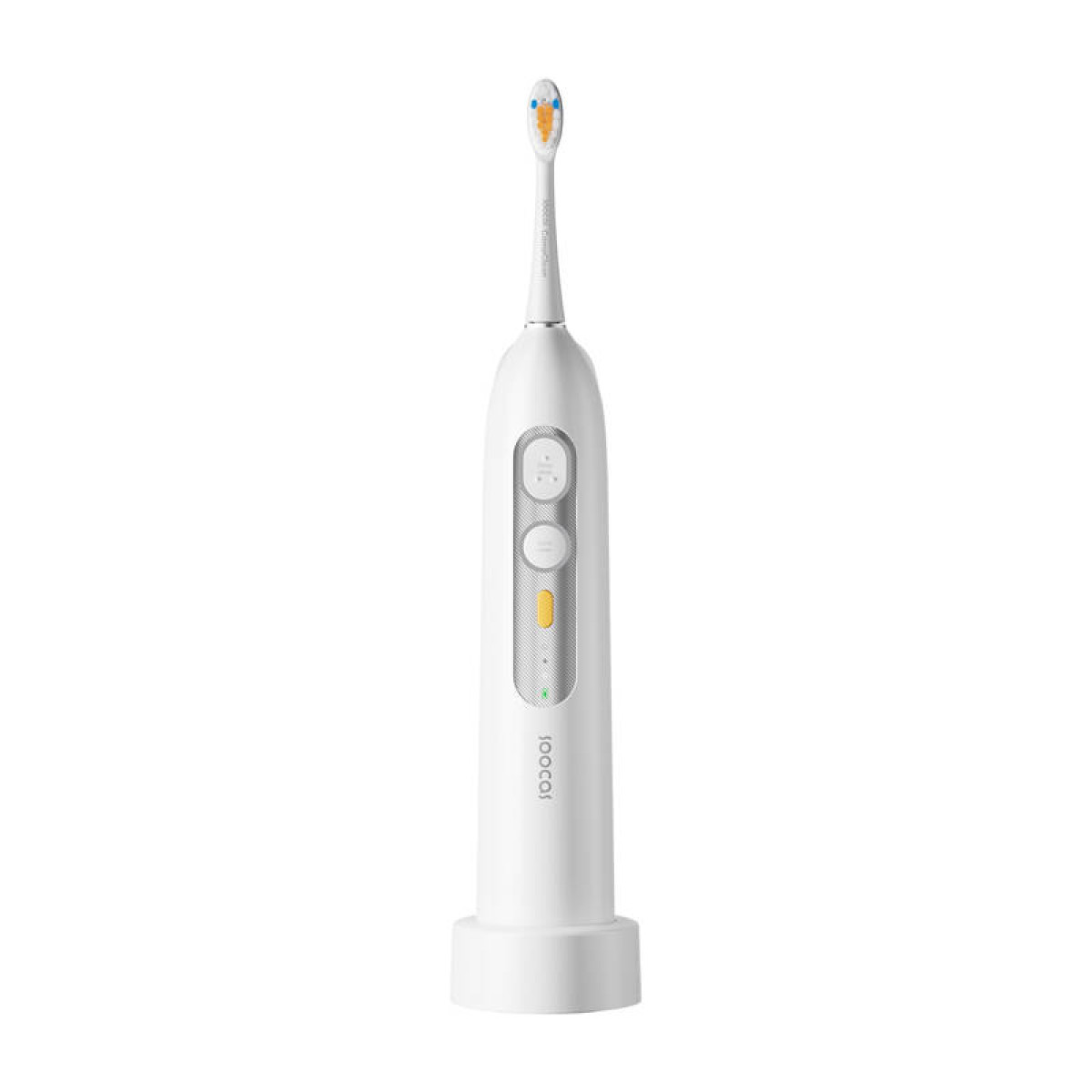 Uno spazzolino elettrico bianco con base di ricarica e testina blu e arancione.