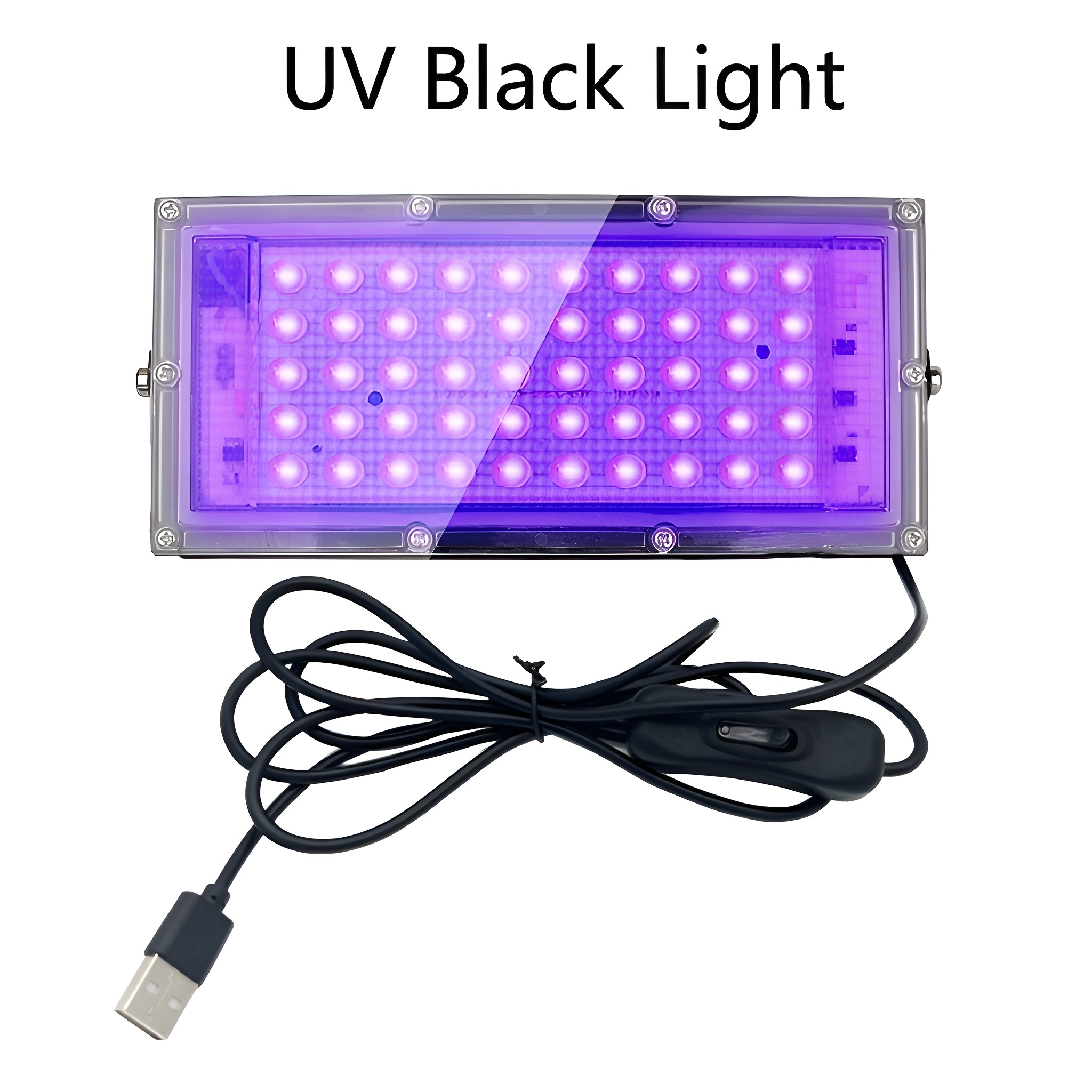 Ein UV-Schwarzlicht mit USB-Kabel und schwarzem Schalter. Das Licht ist lila.