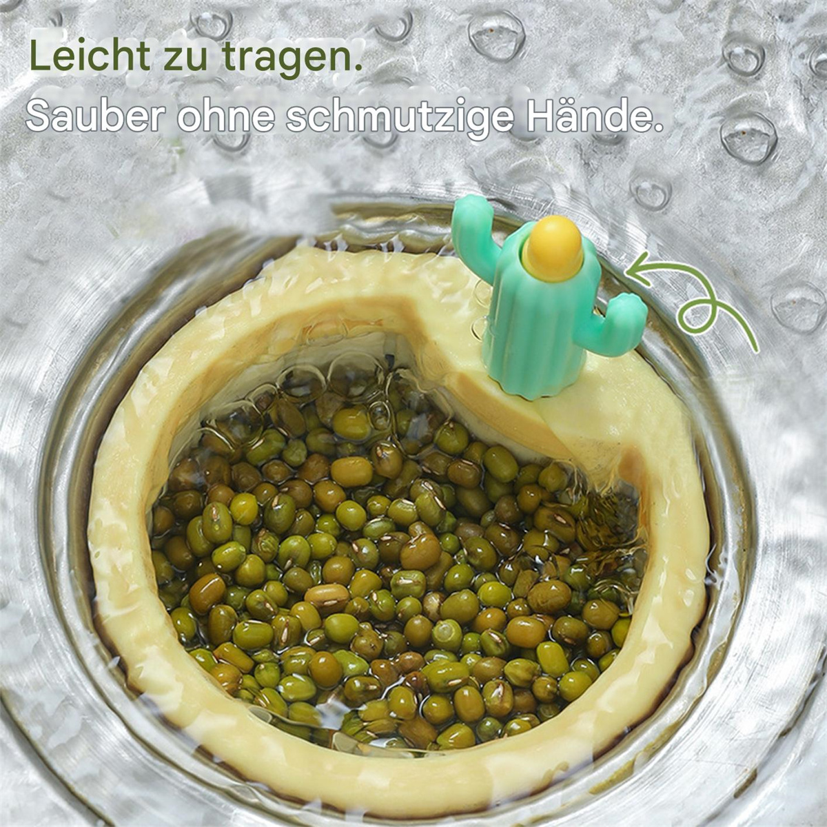 Kaktusförmiger Abflussdeckel in einem Waschbecken mit grünen Bohnen. Text oben: 'Leicht zu tragen'.