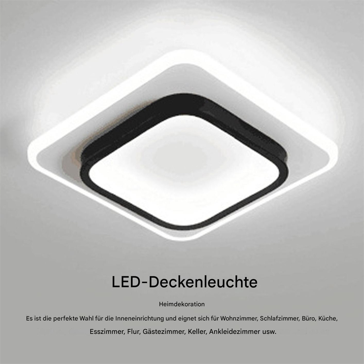 Quadratische LED-Deckenleuchte, weiß mit schwarzem Innenquadrat. Text unten.