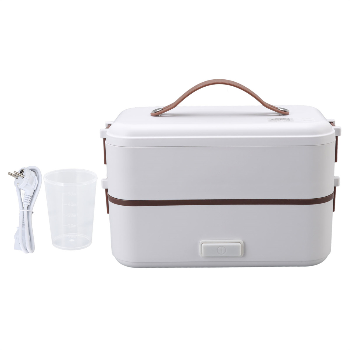 Weiße, zweistöckige Lunchbox mit braunen Akzenten, Griff, Netzkabel und Becher auf Weiß.