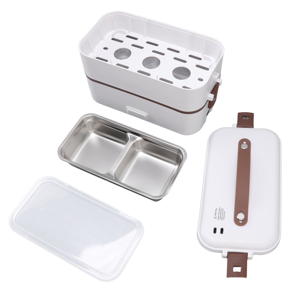 Weißes, mehrteiliges Lunchpaket zerlegt, mit Deckel und zwei Tabletts, weißer Hintergrund.