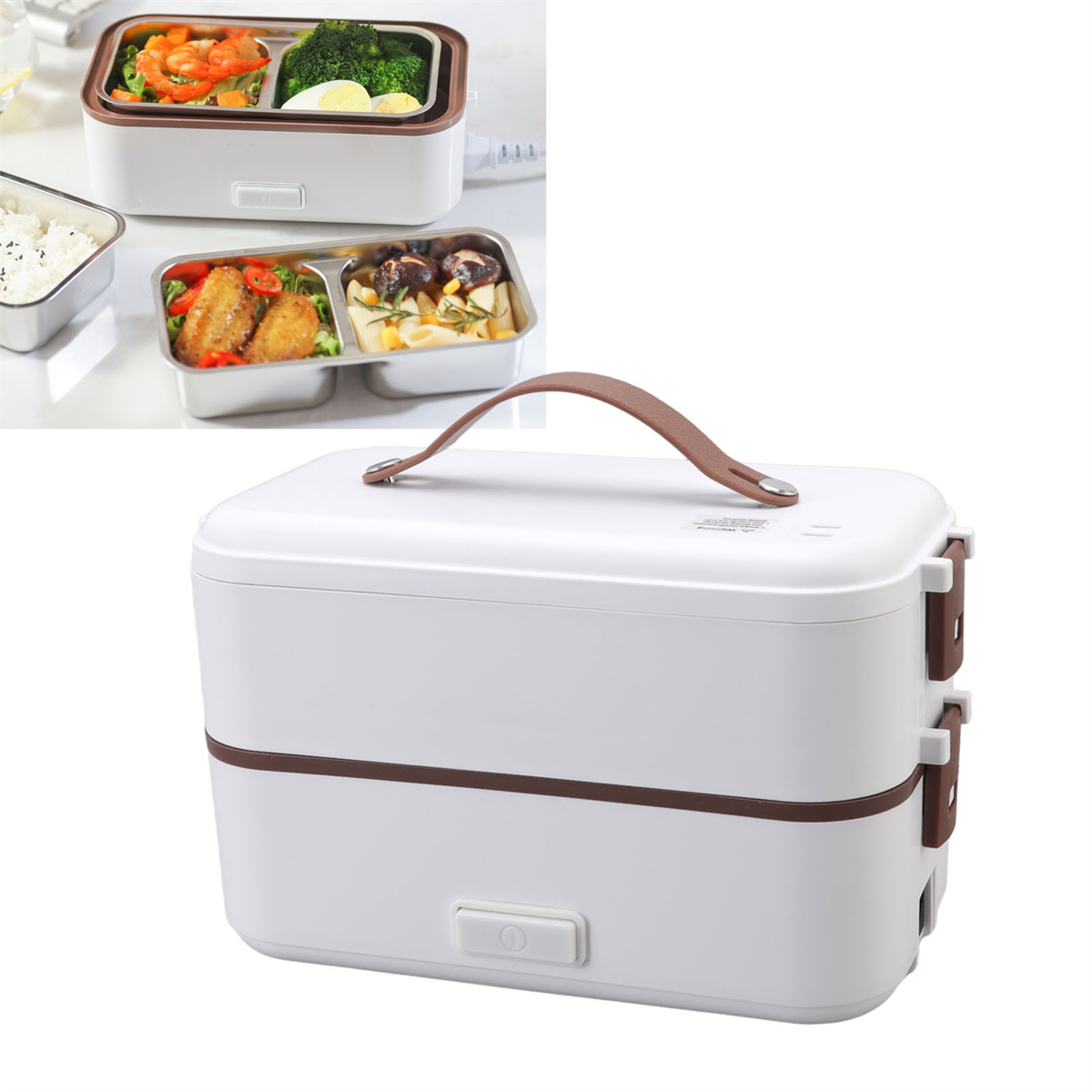 Eine weiße Lunchbox mit zwei Fächern. Oben Gemüse, unten Essen.