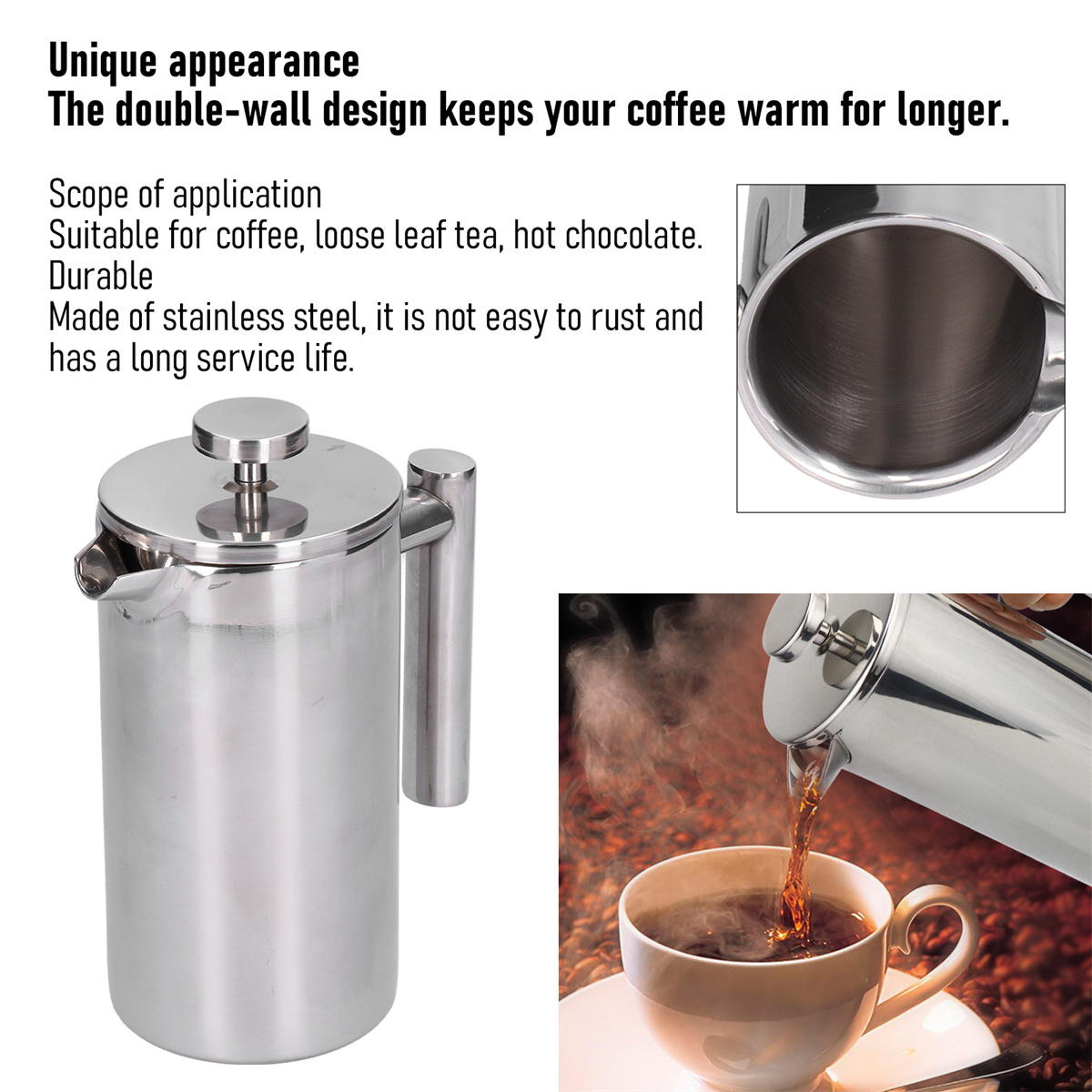 Französische Presse aus Edelstahl, Kaffee wird in eine Tasse gegossen. Text beschreibt das Produkt.