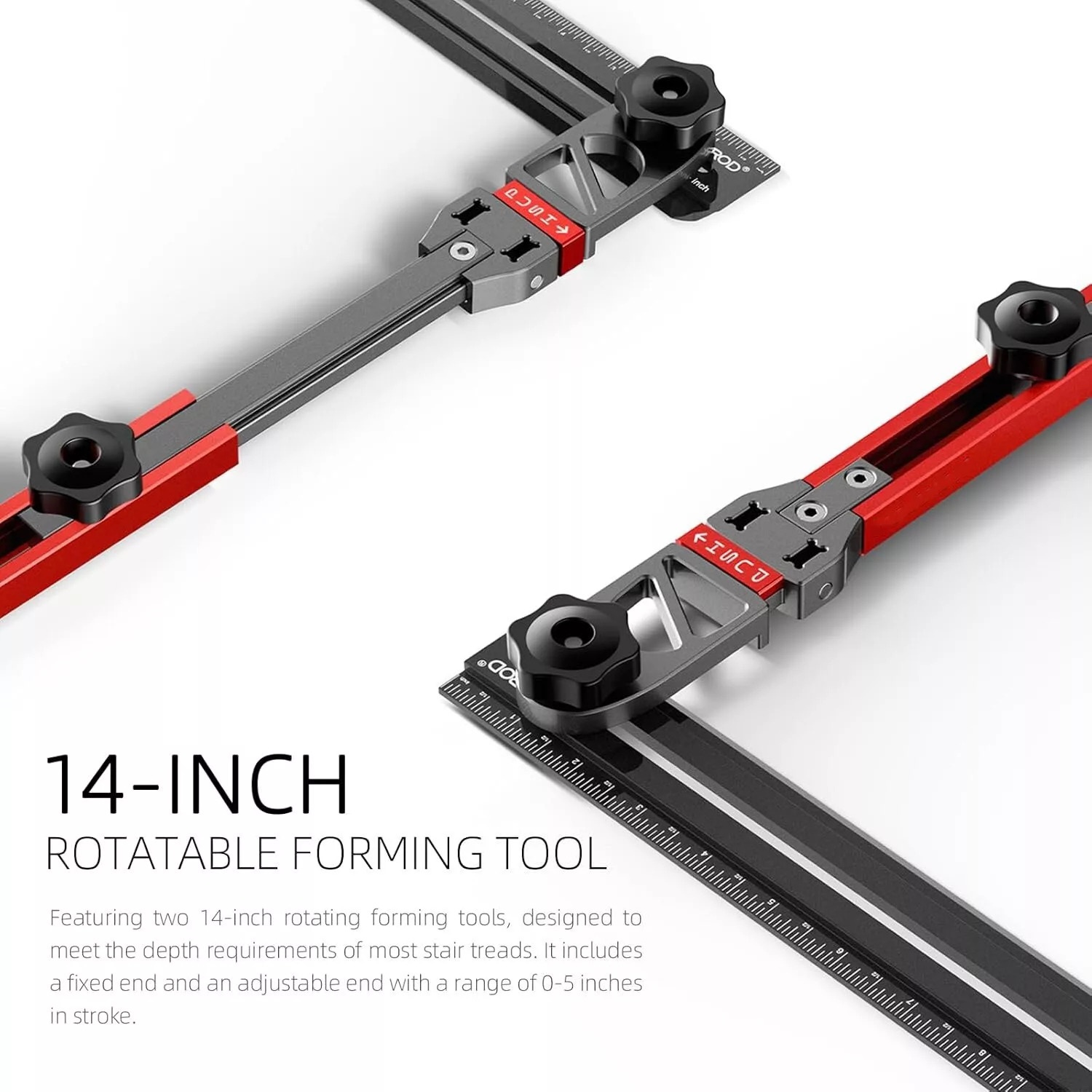 Zwei rot-schwarze Metallwerkzeuge. Text: "14-INCH ROTATABLE FORMING TOOL" auf weißem Hintergrund.