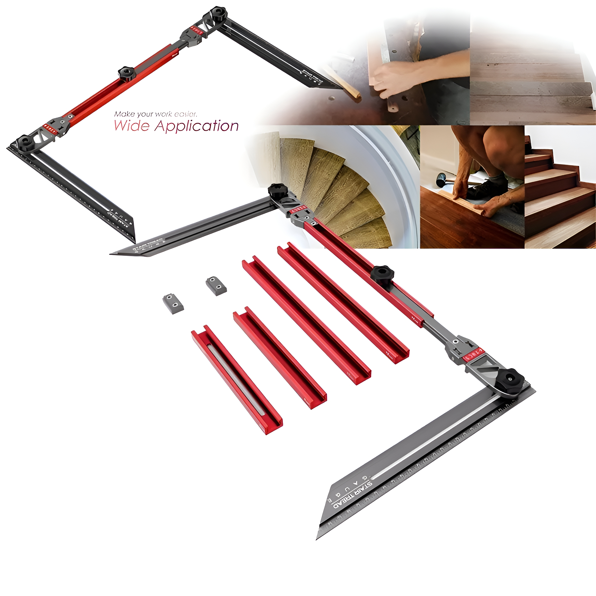 Treppenstufenlehre, mit roten Metallteilen und Linealen, zur Messung von Treppen.