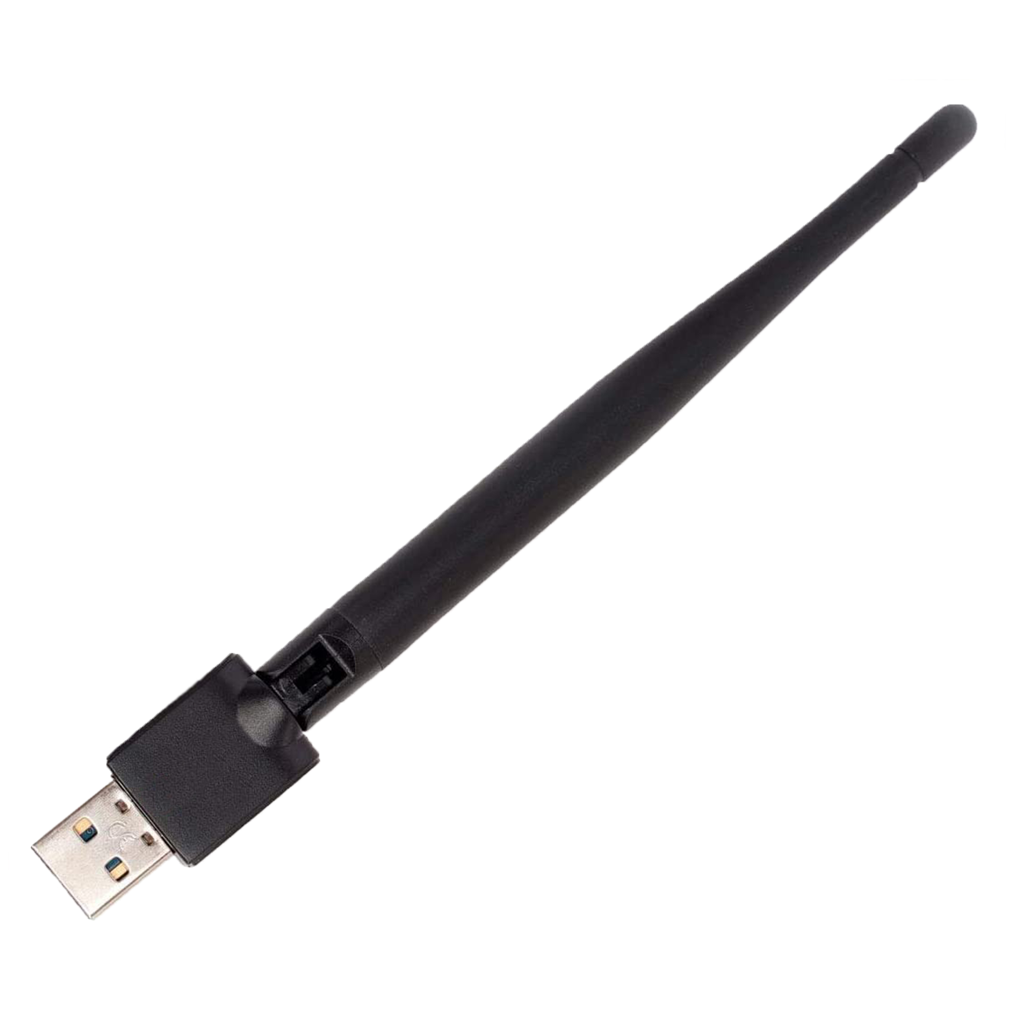 Schwarze USB-WLAN-Antenne mit langer, schwarzer, verstellbarer Antenne. Weißer Hintergrund.