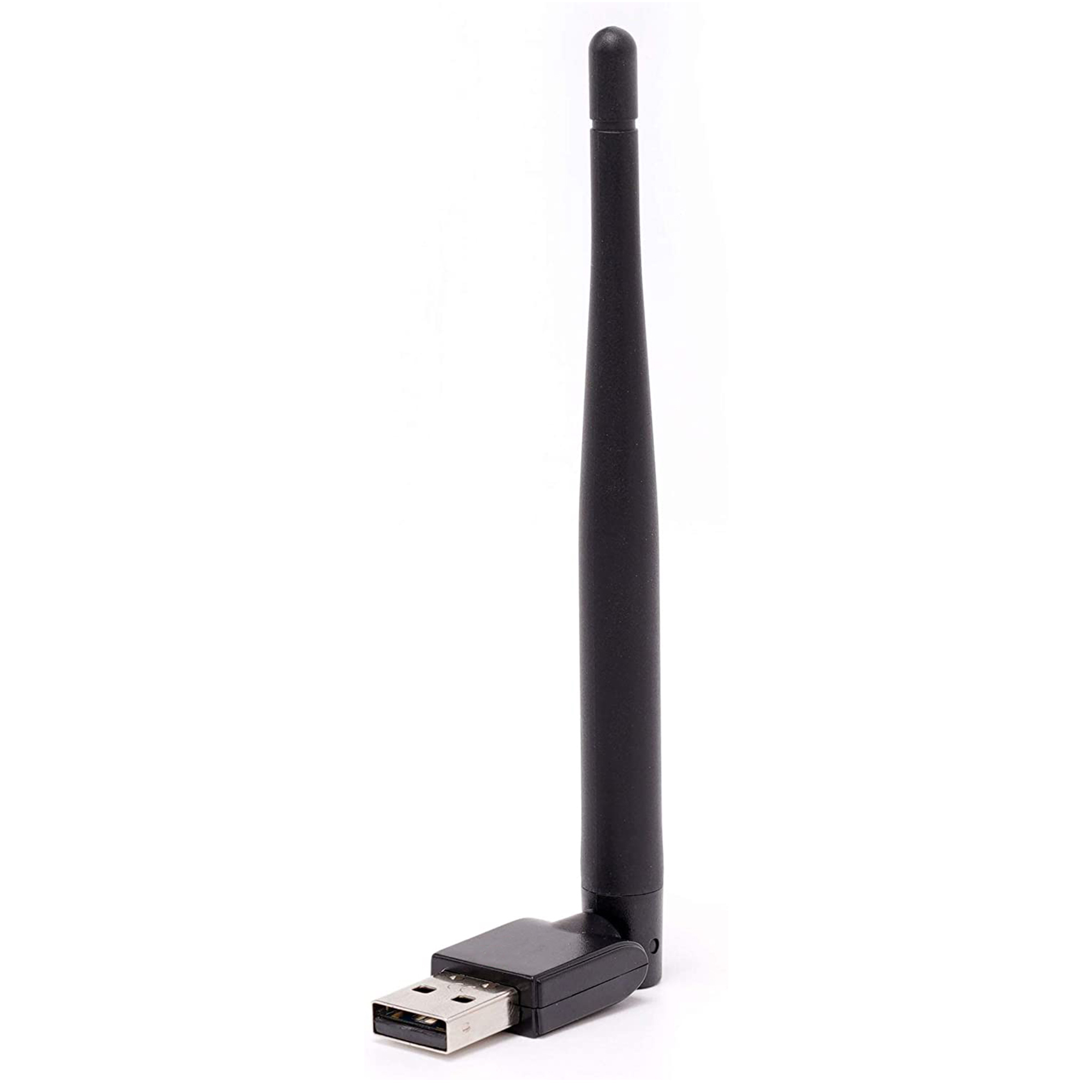 Schwarzer USB-WLAN-Adapter mit Antenne, steht auf weißem Untergrund.