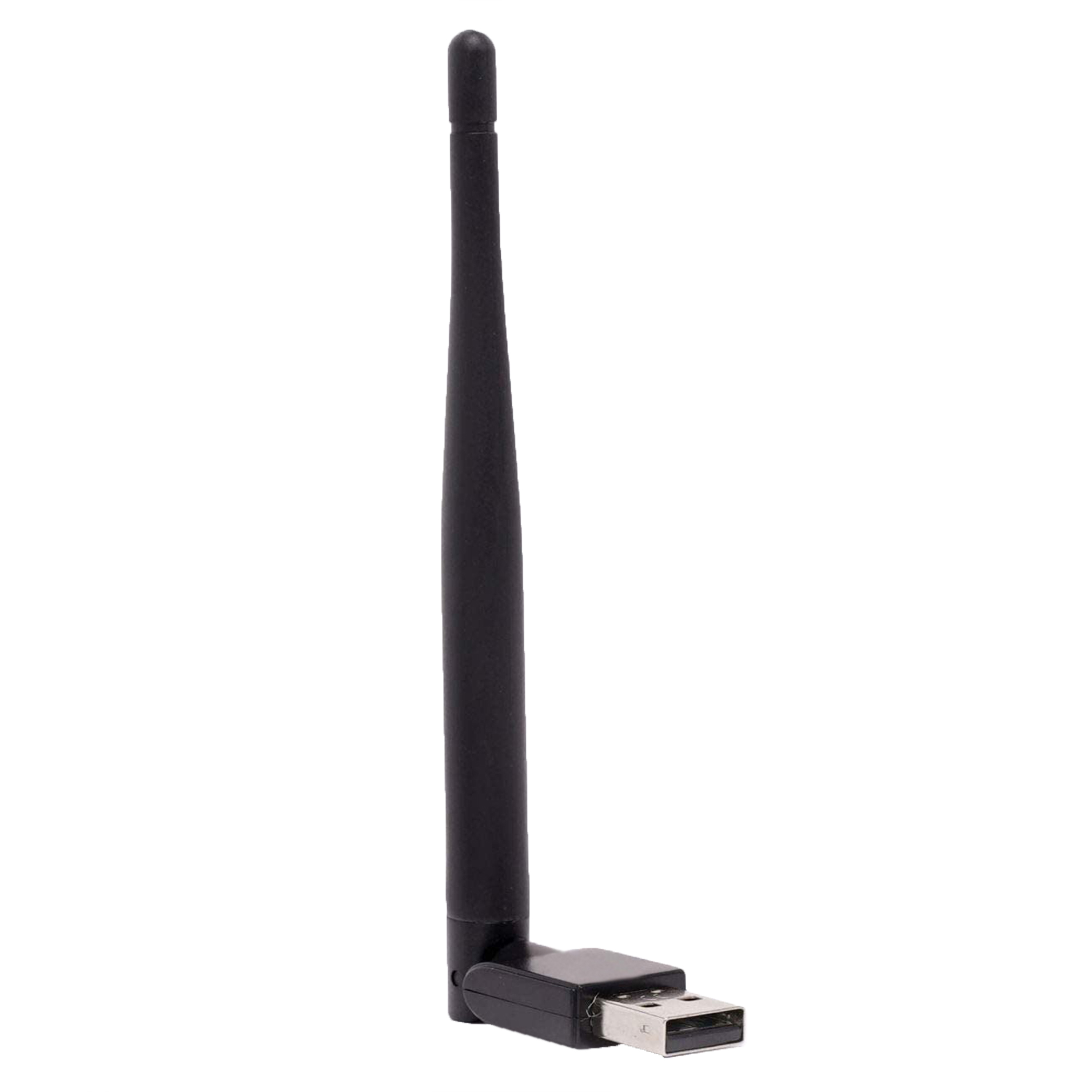 Schwarze USB-WLAN-Antenne. Sie hat eine lange Antenne, die sich vom USB-Anschluss erstreckt.