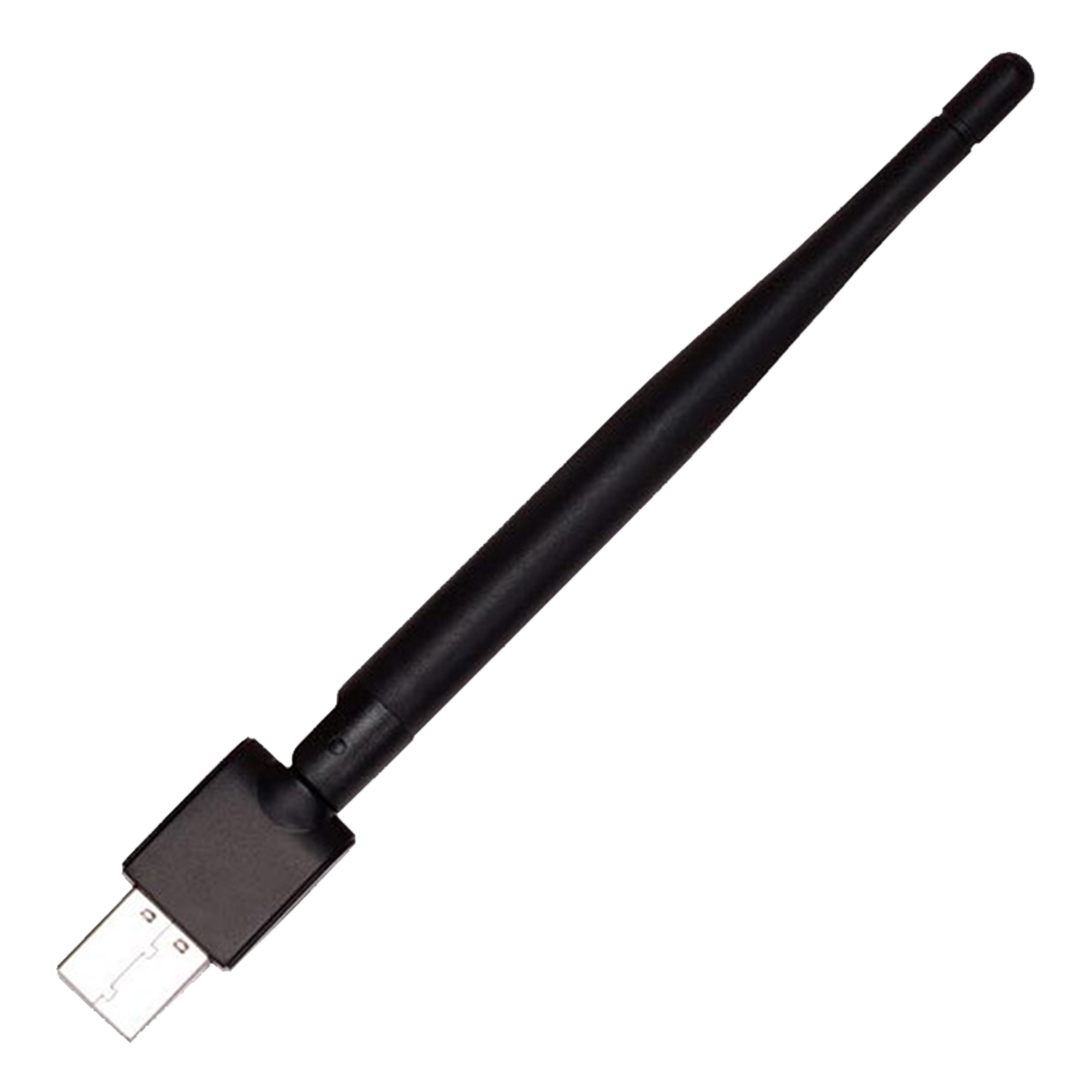 Schwarze USB-WLAN-Antenne. Sie hat ein schwarzes Gehäuse und einen silbernen USB-Anschluss.