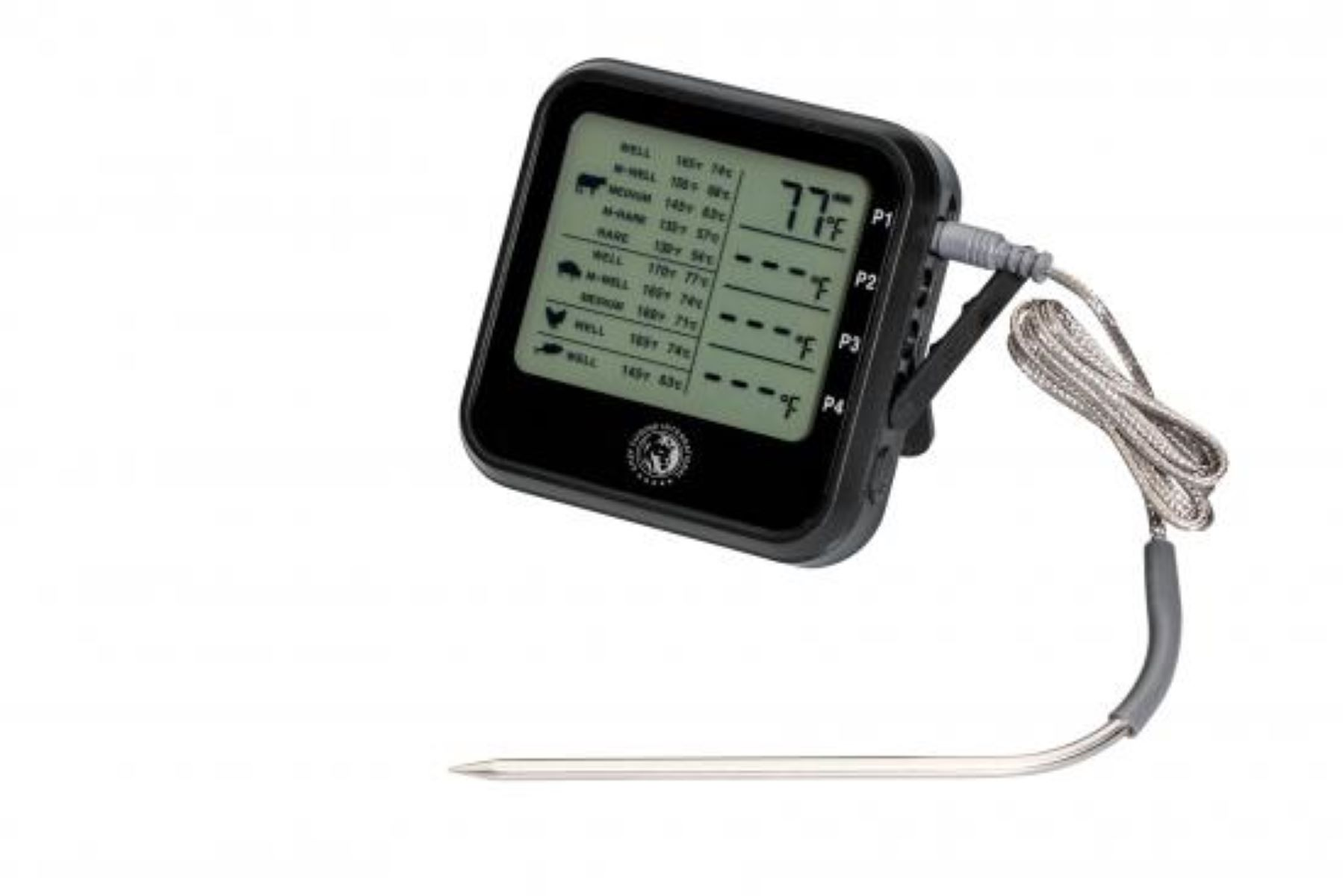 Ein schwarzes digitales Fleischthermometer mit Sonde und Anzeige der Temperatur.