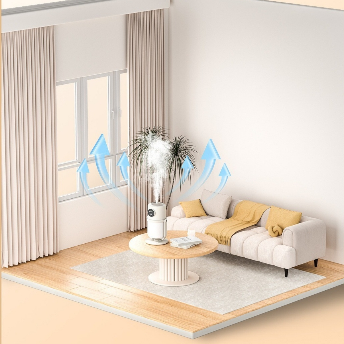 Wohnzimmer mit Luftbefeuchter, der Dampf nach oben bläst. Sofa, Couchtisch und Fenster sind vorhanden.