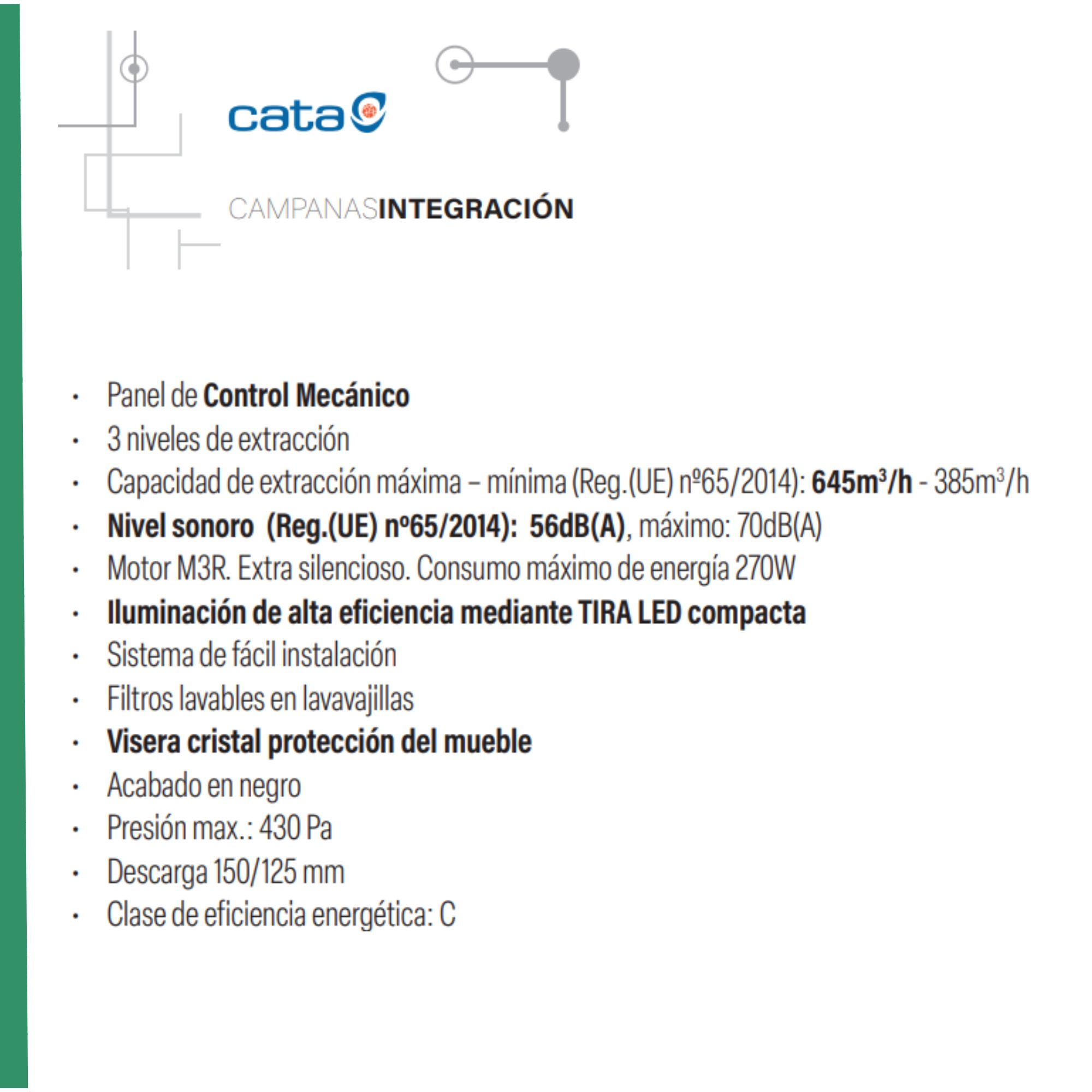 Texto que enumera las características de un panel extractor empotrado Cata, incluyendo energía y nivel sonoro.