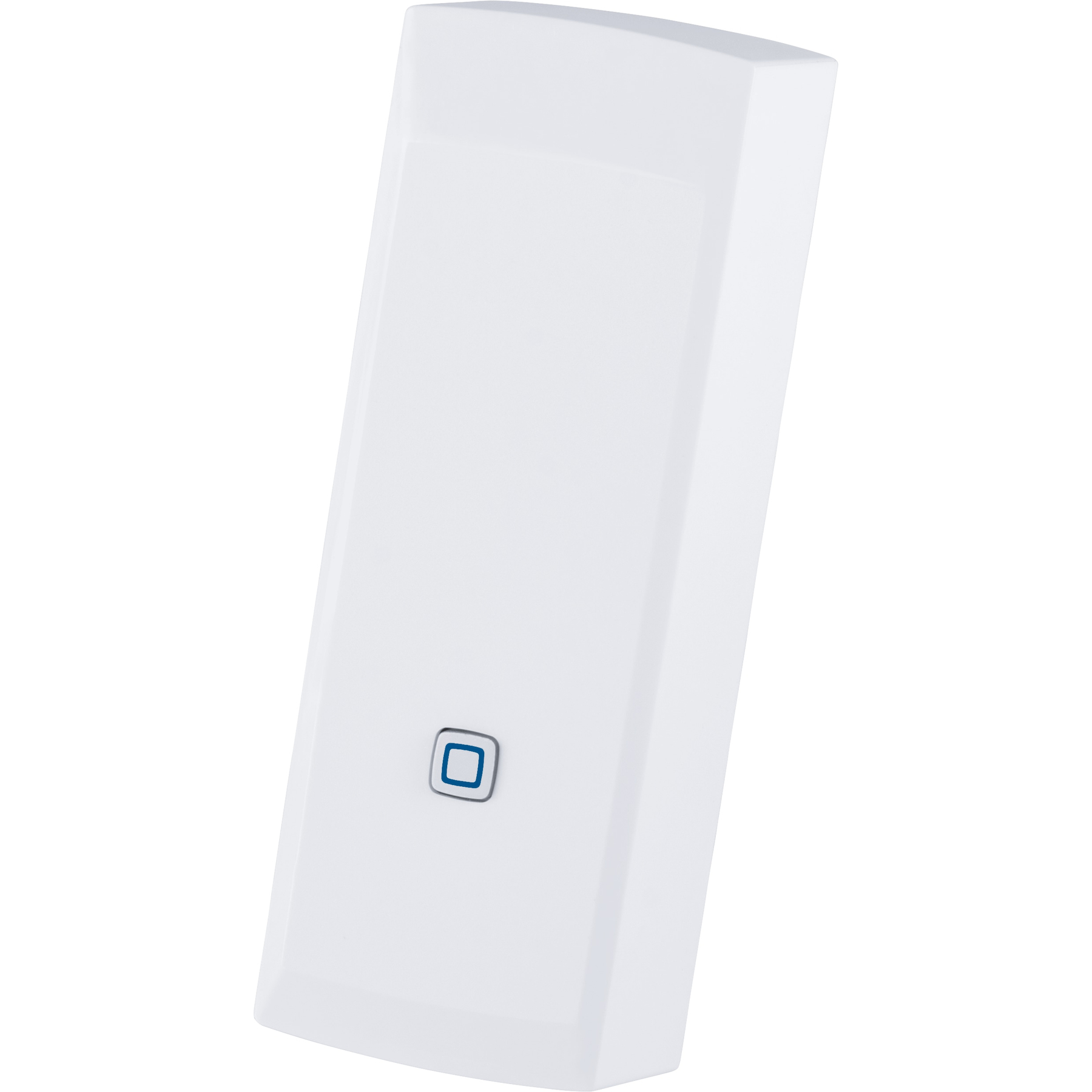 Un dispositivo rettangolare bianco con un pulsante quadrato blu, in piedi. Sfondo bianco.