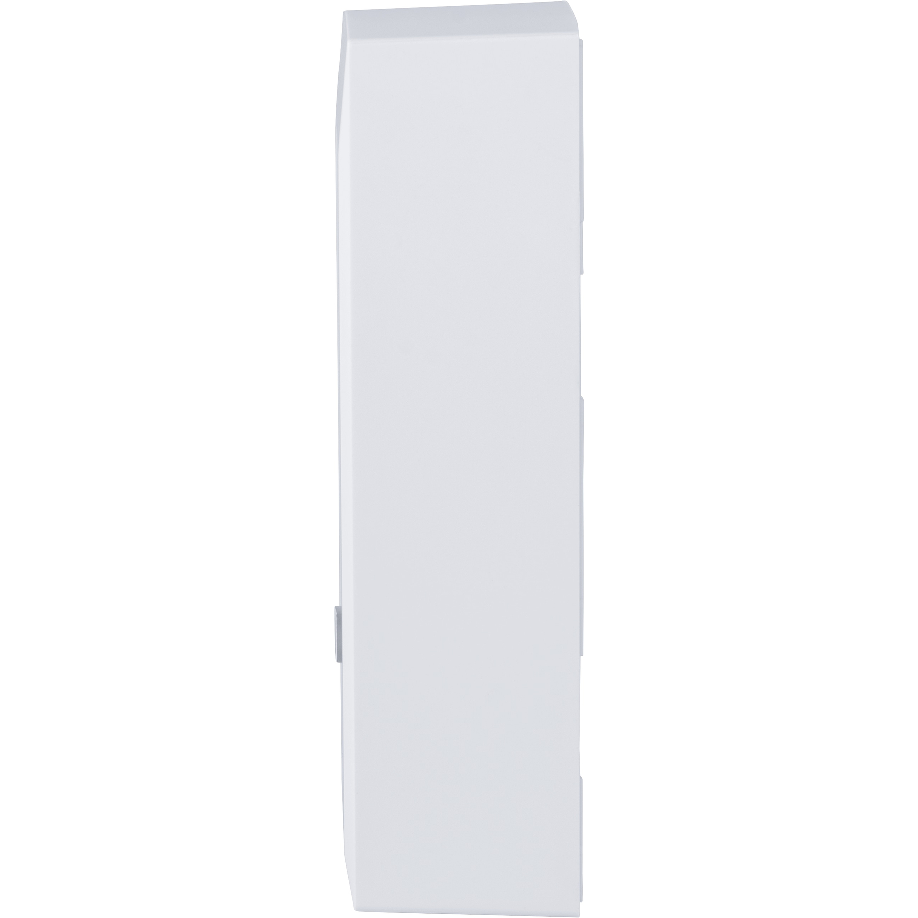 Un armadio elettrico bianco e rettangolare. Ha una porta e viene visto di lato.