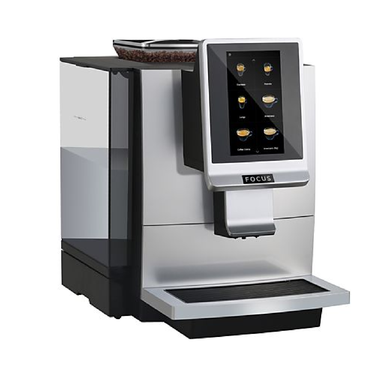 Silber-schwarze Kaffeemaschine mit Touchscreen, der verschiedene Kaffeesorten anzeigt. Hat einen Bohnenbehälter.