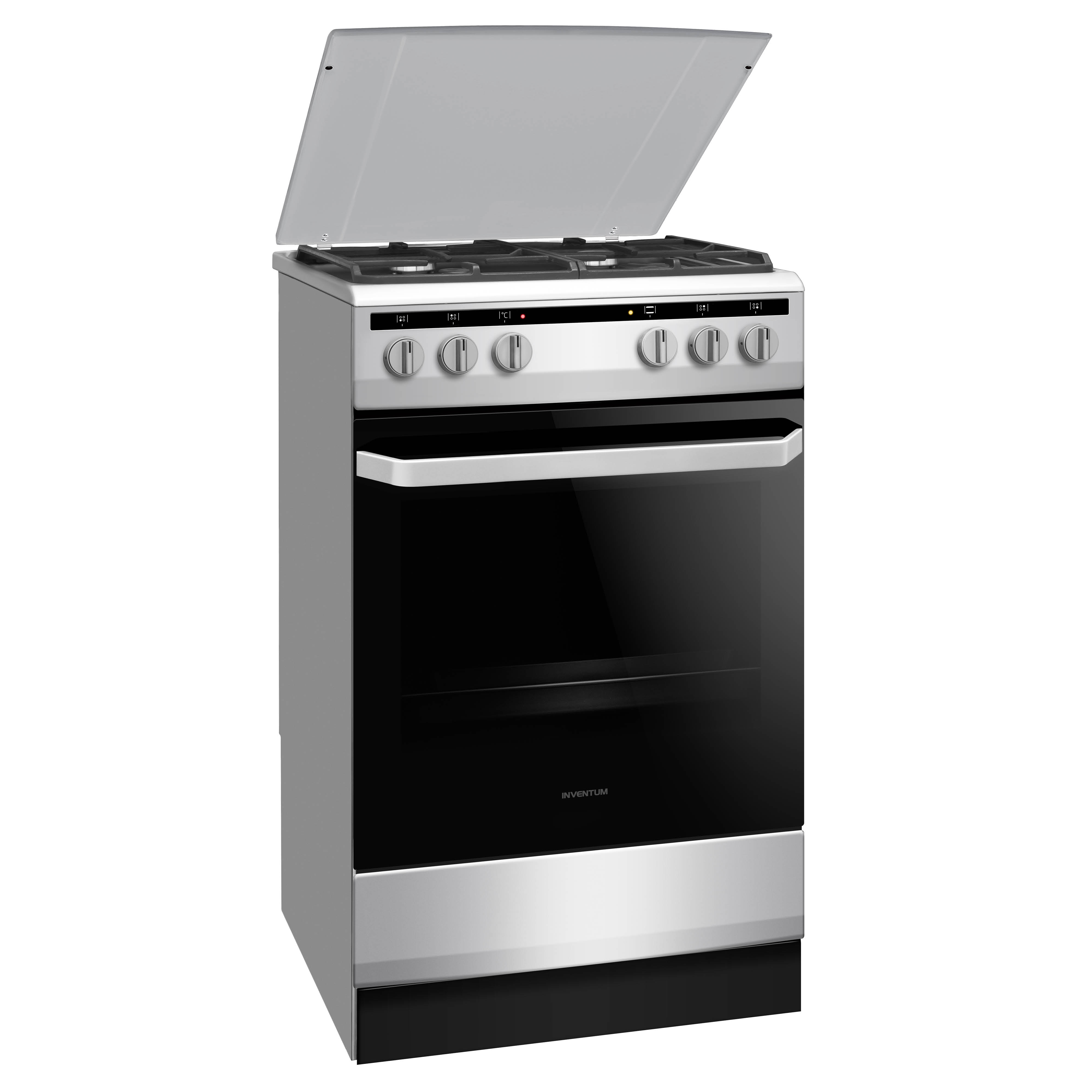 Een roestvrijstalen oven met een zwarte deur en een open glazen deksel.