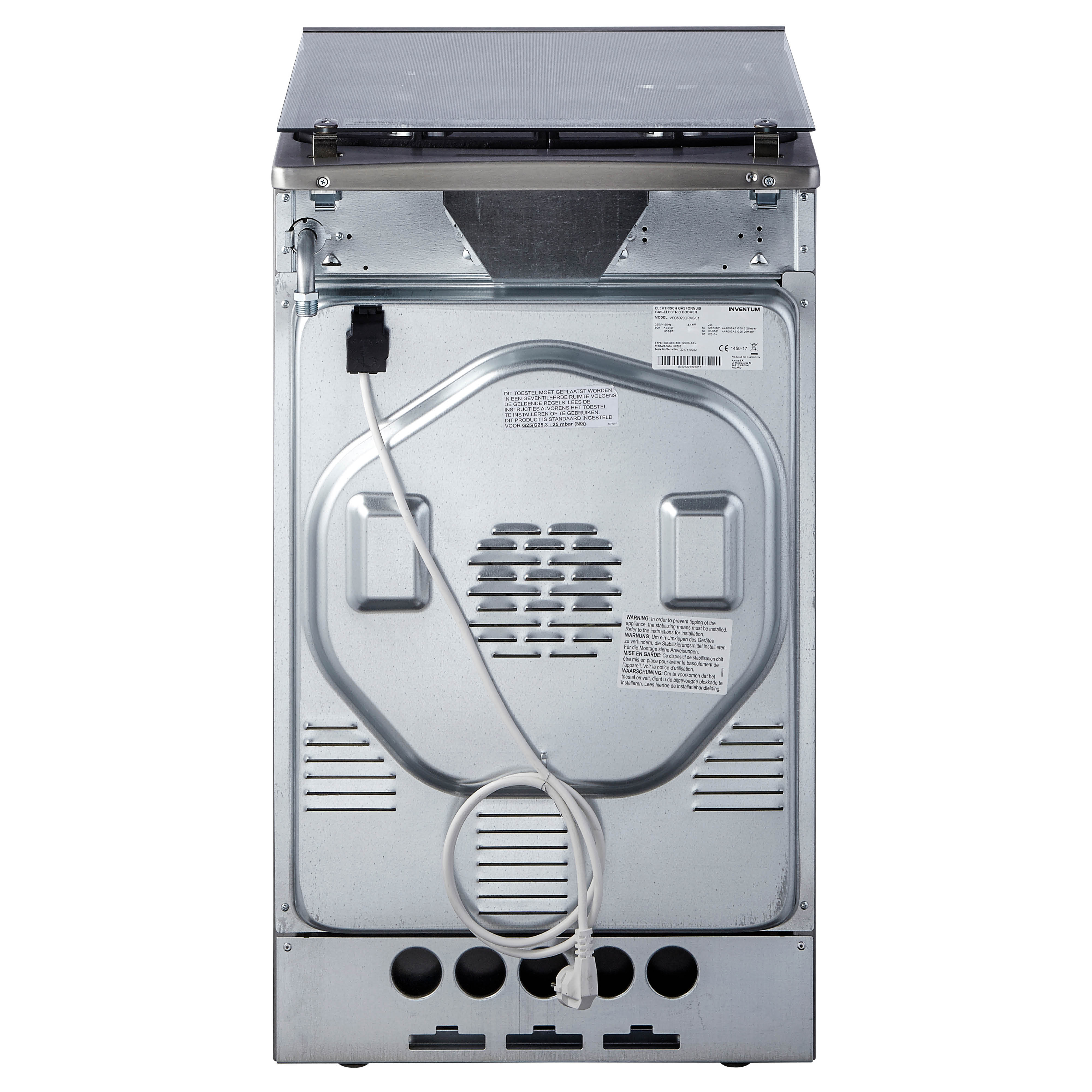 De achterkant van een zilveren wasmachine met een netsnoer en labels.