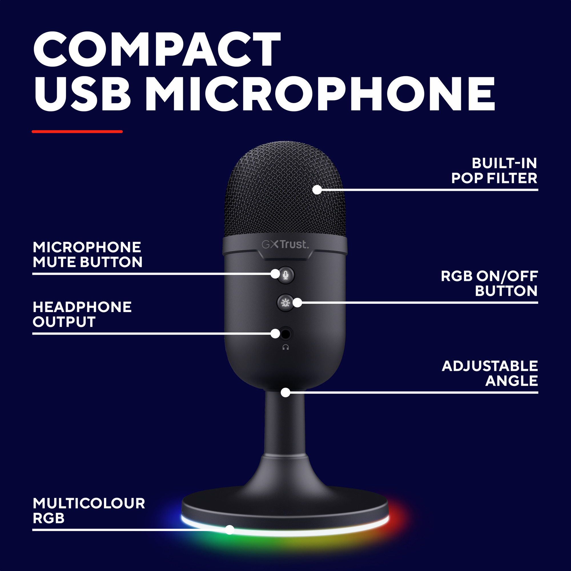 Ein schwarzes USB-Mikrofon mit Pop-Filter und RGB-Beleuchtung auf blauem Hintergrund.