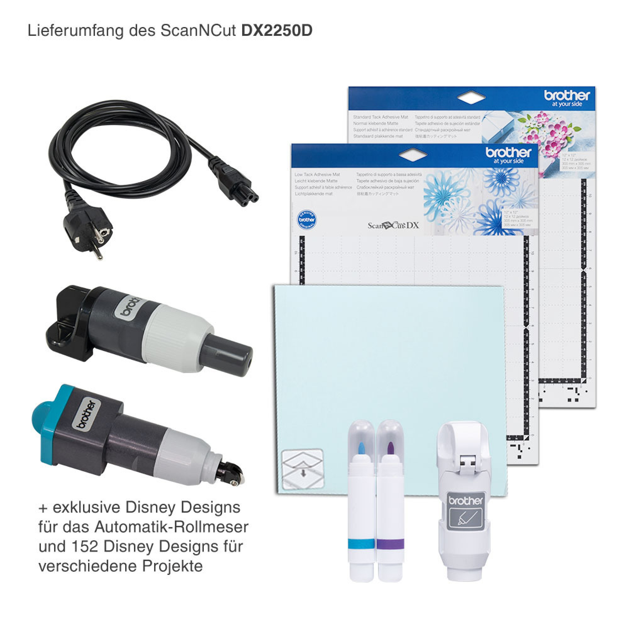 Artikel zum Schneiden. Enthält ein Kabel, Klingen und eine Schneidemaschine. Weißer Hintergrund.