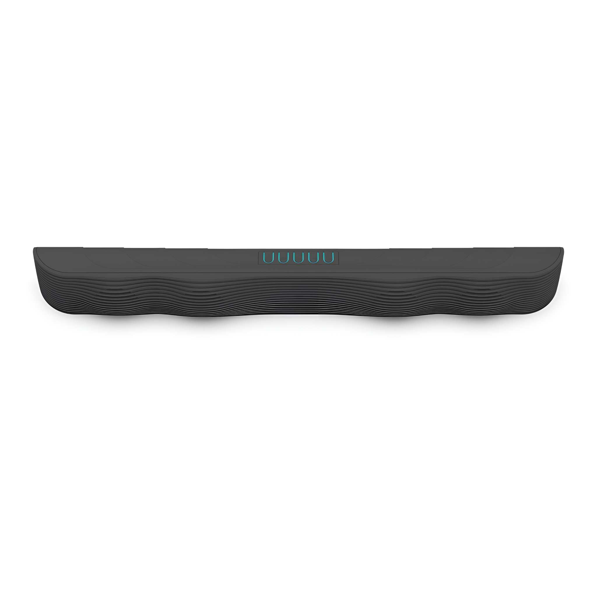 Schwarze Soundbar mit Wellendesign. Blaue Lichter und Text 'UUUUU' oben. Weißer Hintergrund.