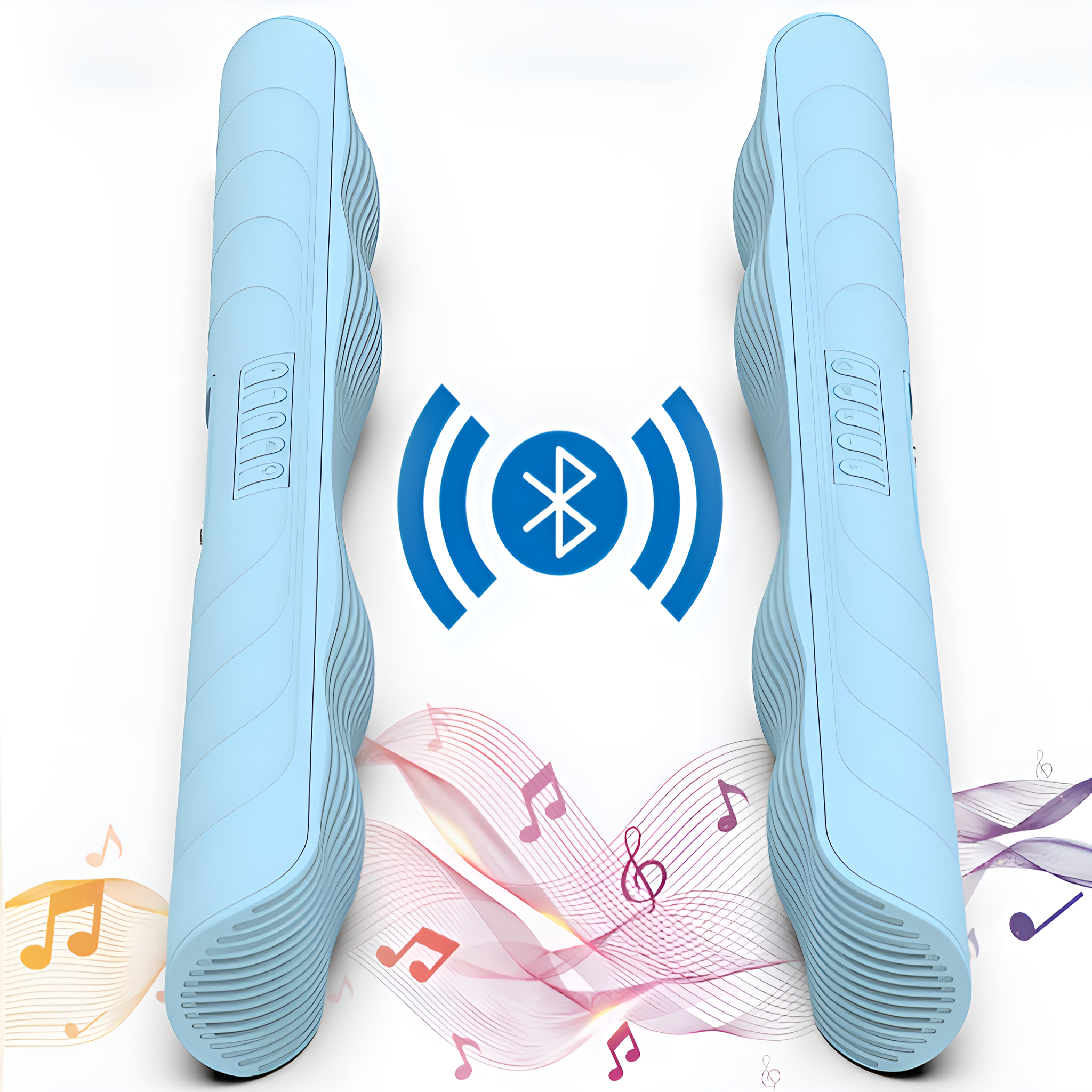 Zwei hellblaue Lautsprecher mit einem Bluetooth-Logo dazwischen. Noten sind im Hintergrund.