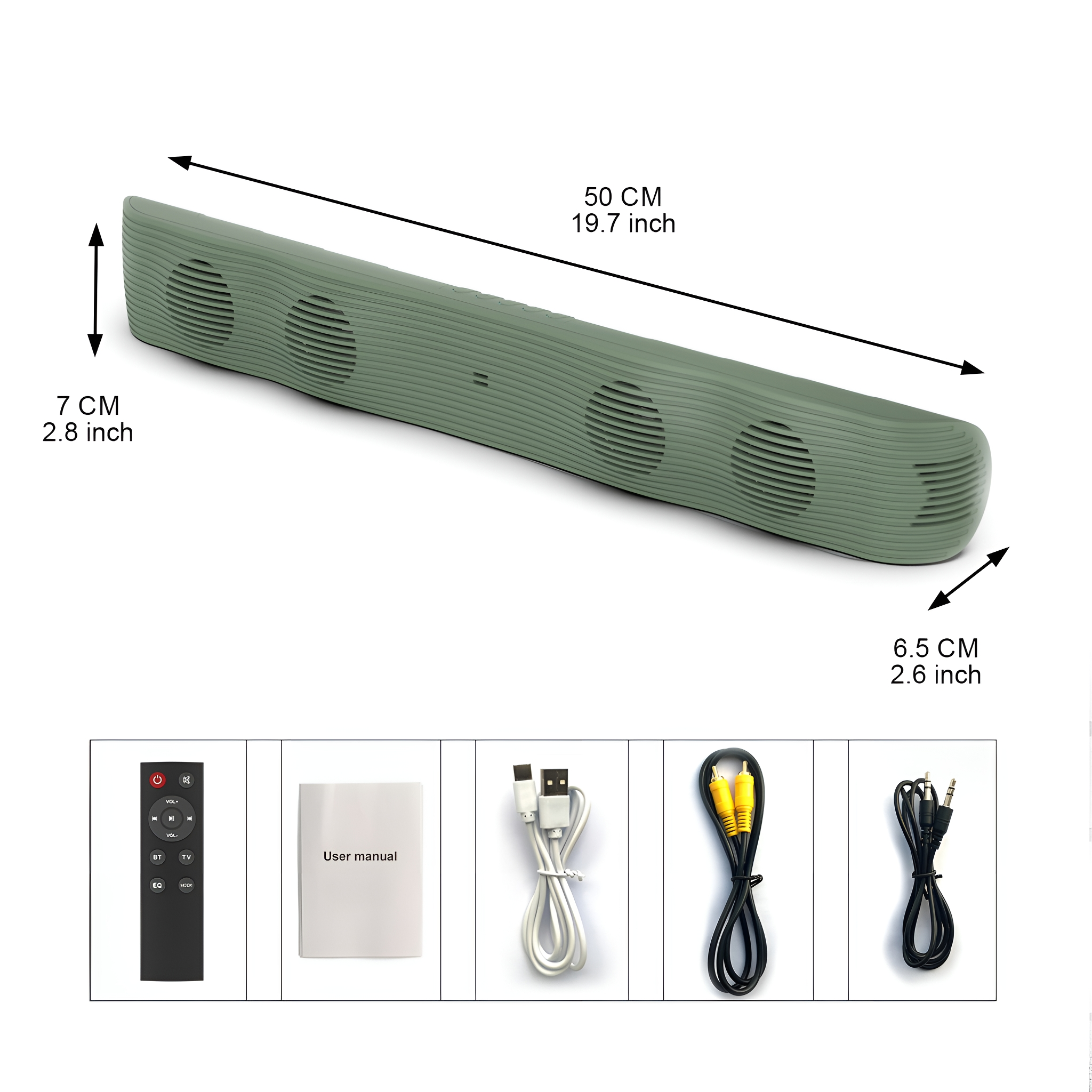 Eine grüne Soundbar mit Lautsprechern. Außerdem eine Fernbedienung, ein Handbuch, Kabel und Stecker.