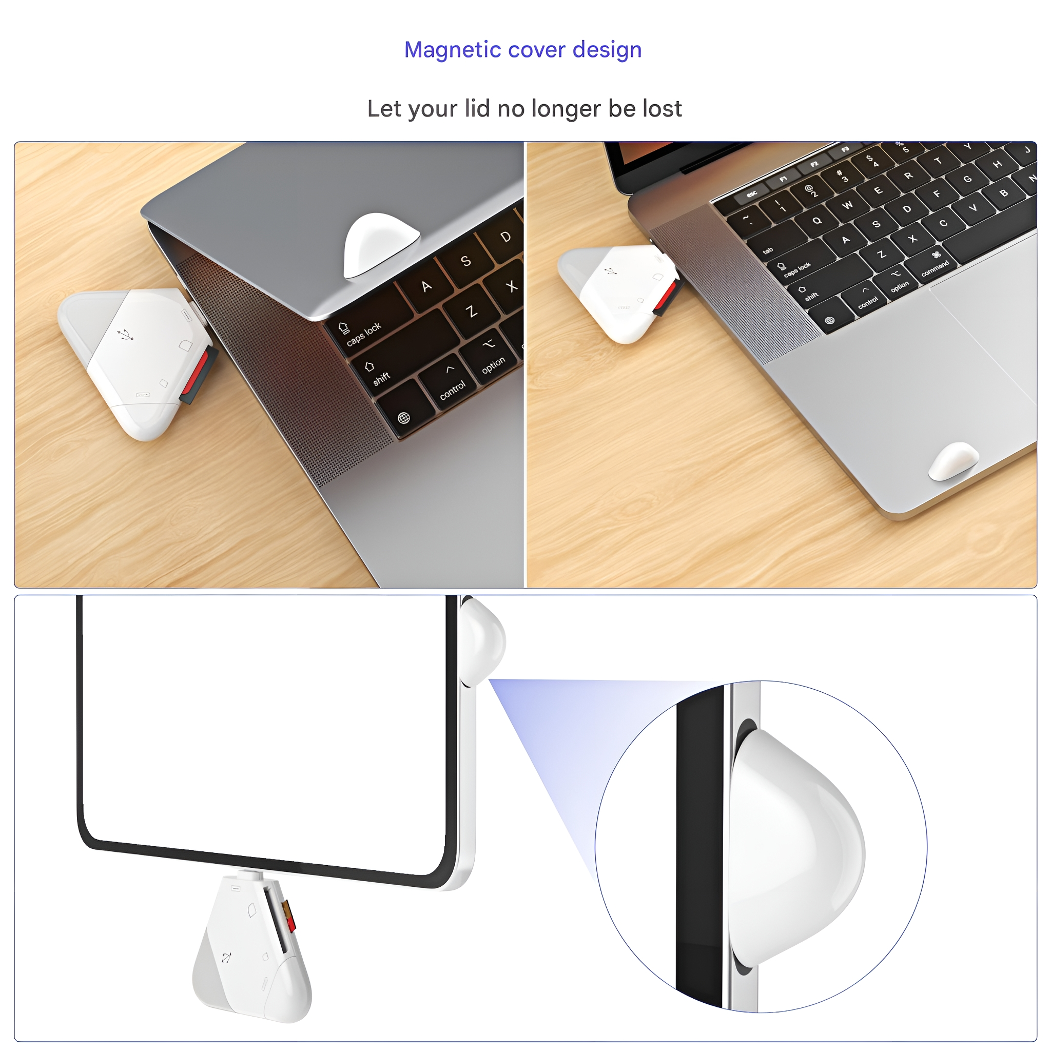 Bilder eines dreieckigen Geräts, das an einem Laptop befestigt ist. Der Laptopdeckel ist geöffnet und geschlossen, mit dem Gerät.