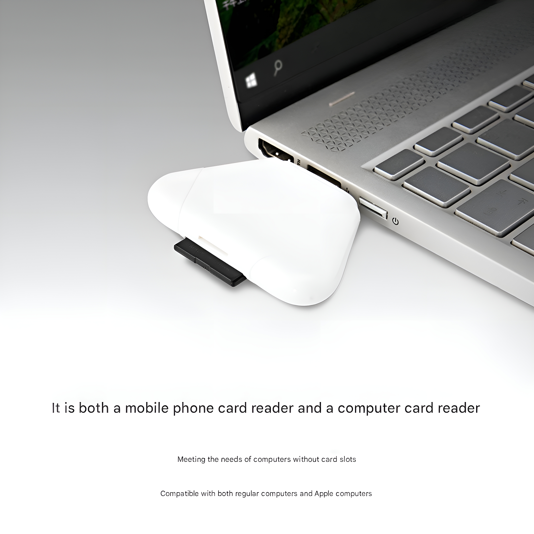 Ein weißer Kartenleser, der mit einem Laptop verbunden ist. Text besagt, dass es ein Handy- und Computer-Kartenleser ist.