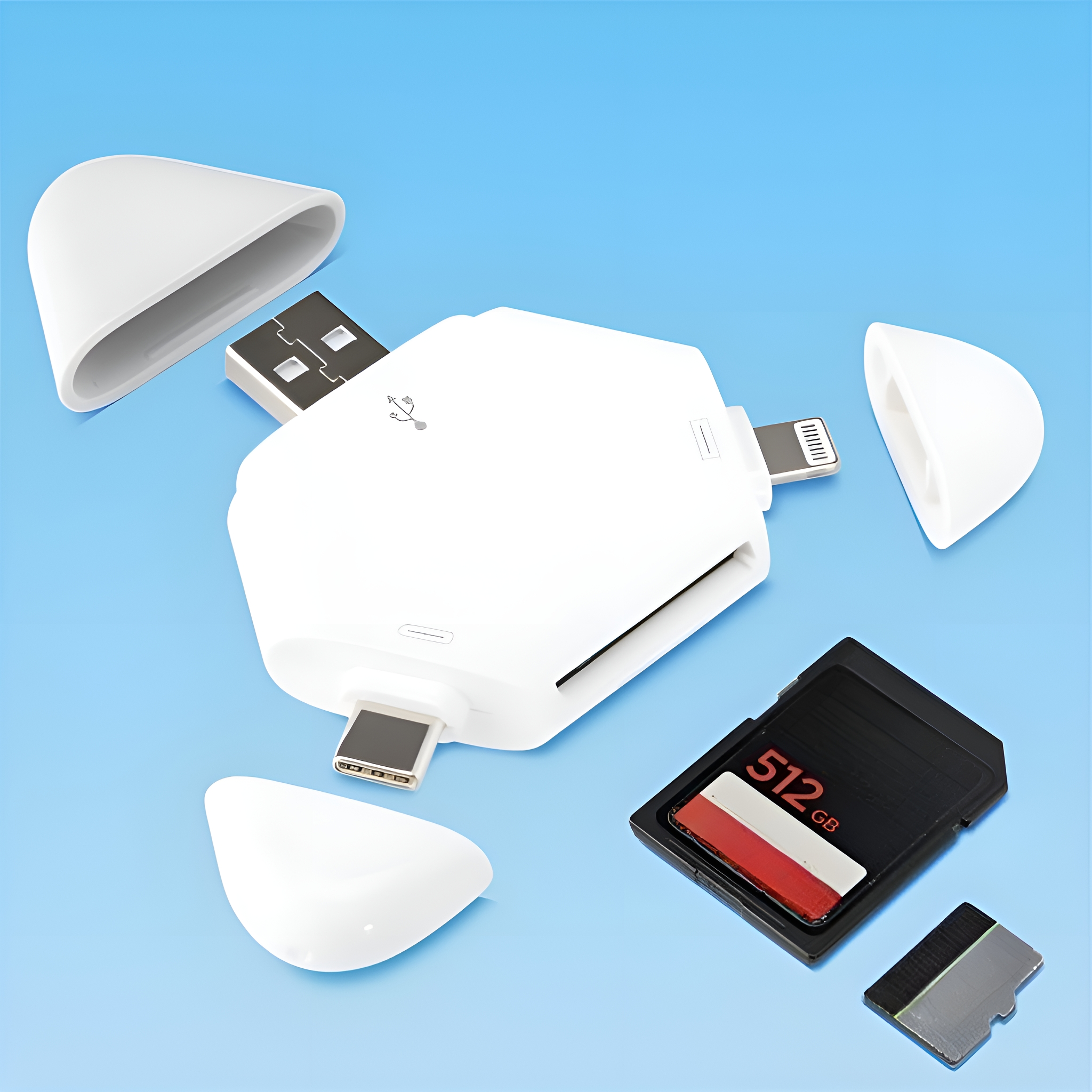 Weißer Multi-Connector mit USB-, Lightning- und USB-C-Anschlüssen, sowie SD-Karte und Micro-SD.
